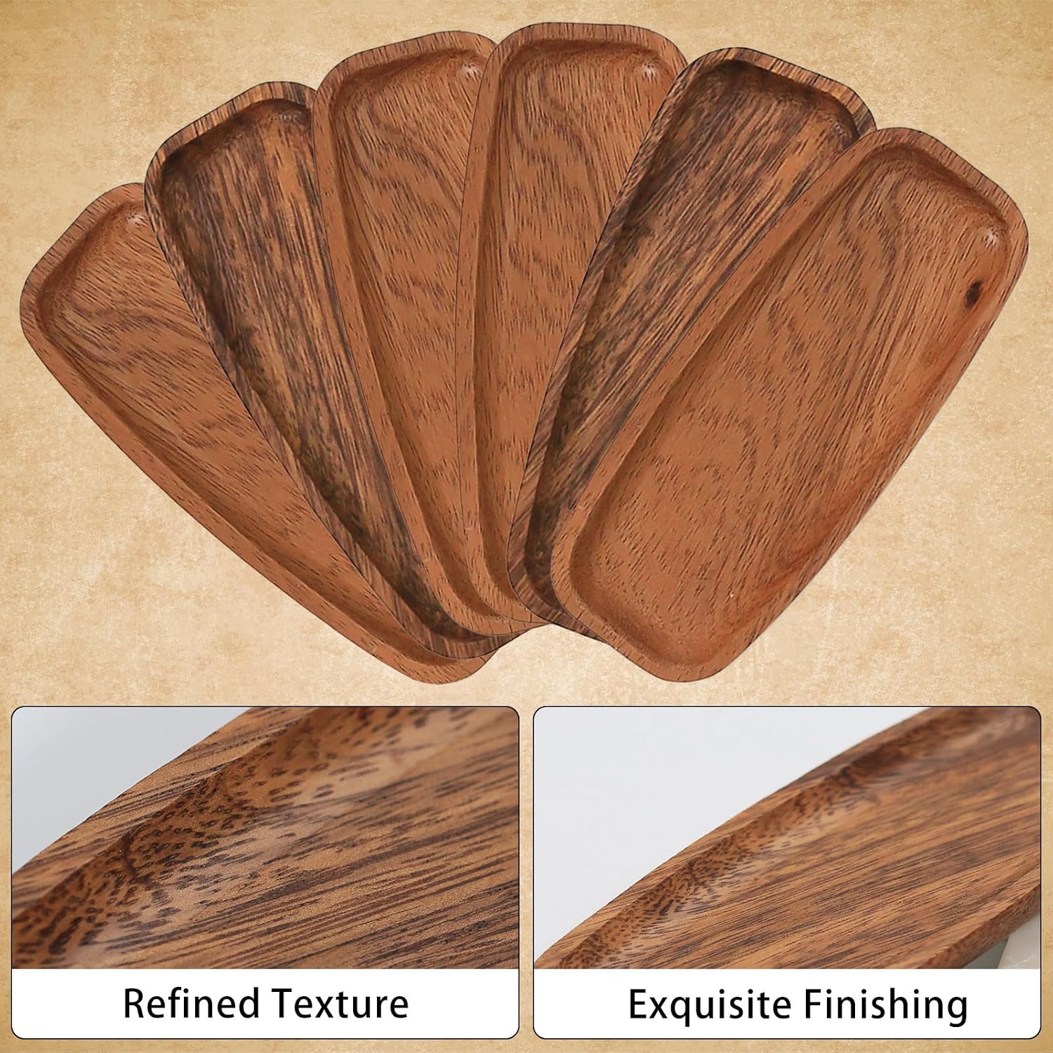Mini Wooden Serving Platters and Trays, 6.8-inch Solid Acacia Wood Serving Plates for Food/Snacks/Appetizer, also as Jewelry Trays, Mini Charcuterie Board & Cheese Platter, Reusable (6 PCS)