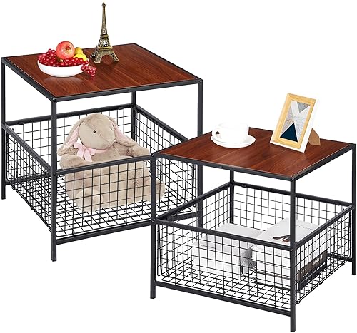 SUPER DEAL Juego de 2 mesas auxiliares cuadradas de 20 pulgadas con cesta de torage marco de metal negro grano de madera de caoba roja