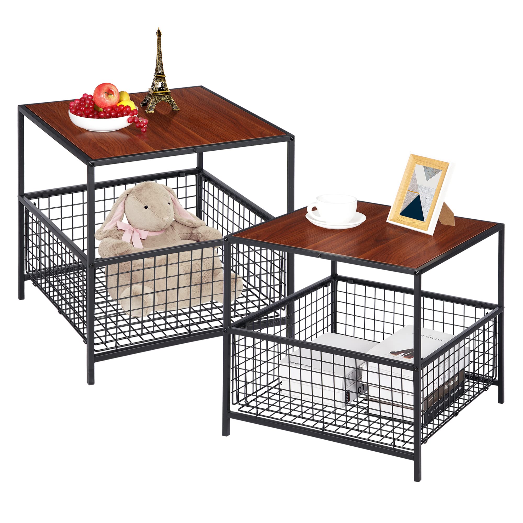 SUPER DEAL Set of 2 Square Side Table, 20 inch End Table Nightstand with Storage Basket, Bedside Table, for Living Room, Bedroom, Red Mahogany Wood