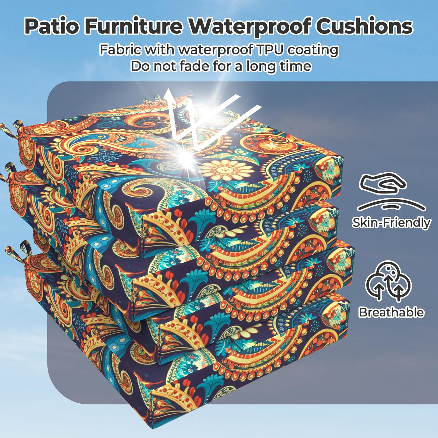 Bafode Patio Chair Cushions Set of 4, 18.5" x 16" x 3" Waterproof Outdoor Chair Cushions for Furniture, Seat Cushion with Ties, for Patio, Yard, Garden Dining Chair