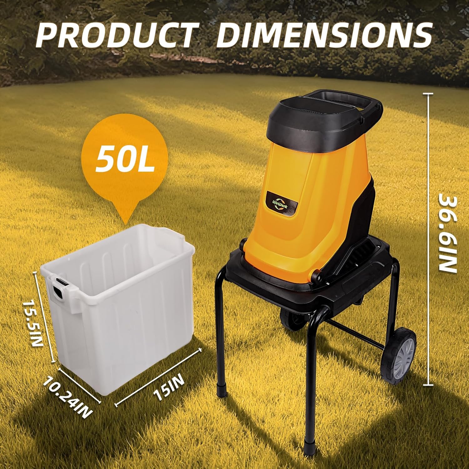 15-Amp Electric Wood Chipper Shredder with 50L Collection Bin, 1.8-Inch Cutting Diameter for Yard Waste & Branches, Efficient Mulcher for Composting, 15:1 Reduction Ratio