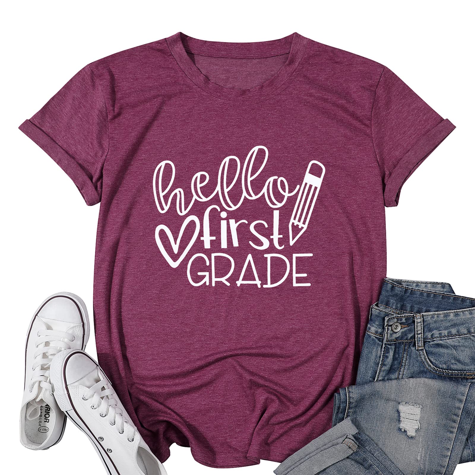 Hello First Grade Teacher Shirt Women Teaching Pre K Grade Tshirt Funny Fall Teachers Life Gift Tee Tops
