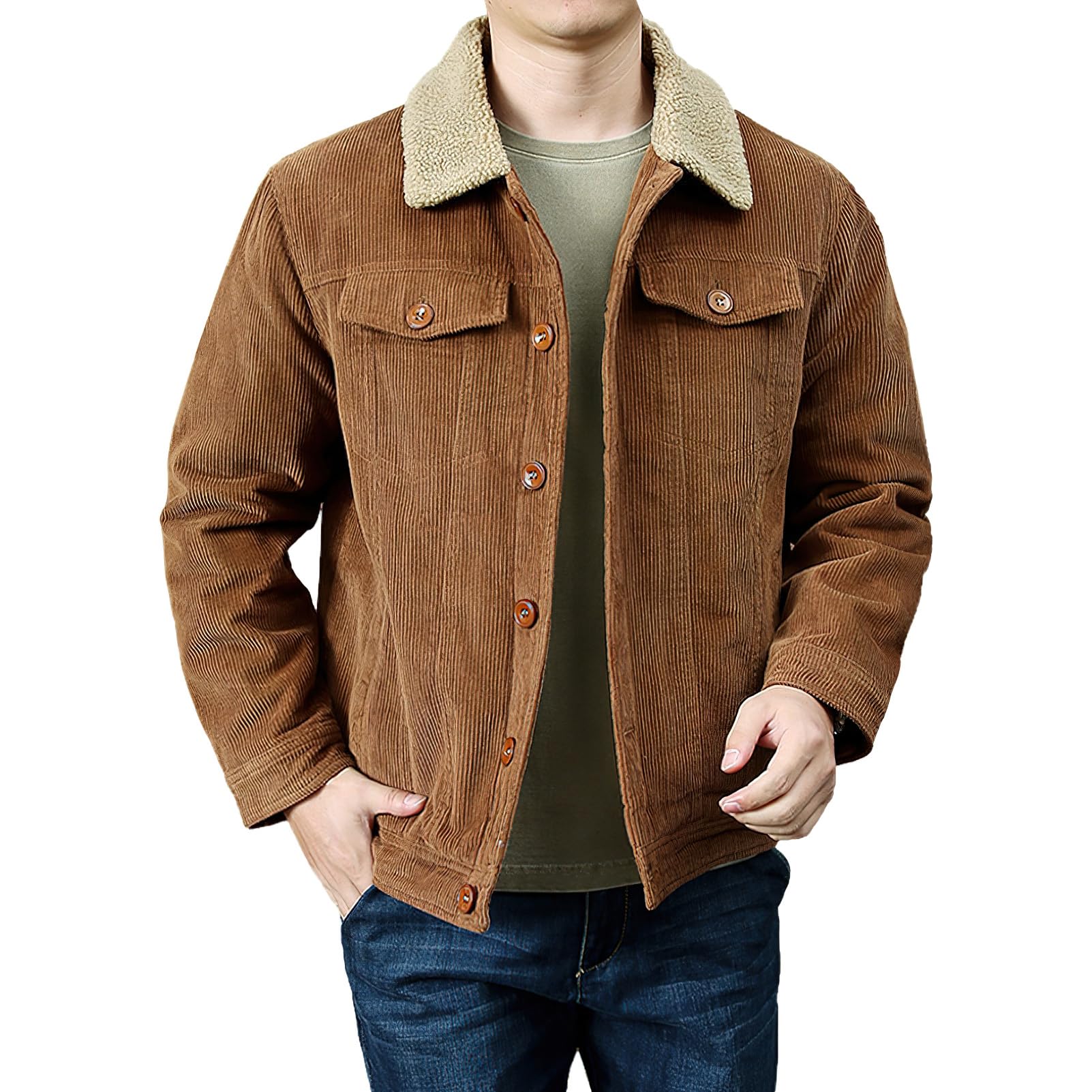 rismart Homme Veste en Velours Côtelé Doublure Sherpa Camionneur Boutonné Col à Revers L'hiver Chaud Manteau