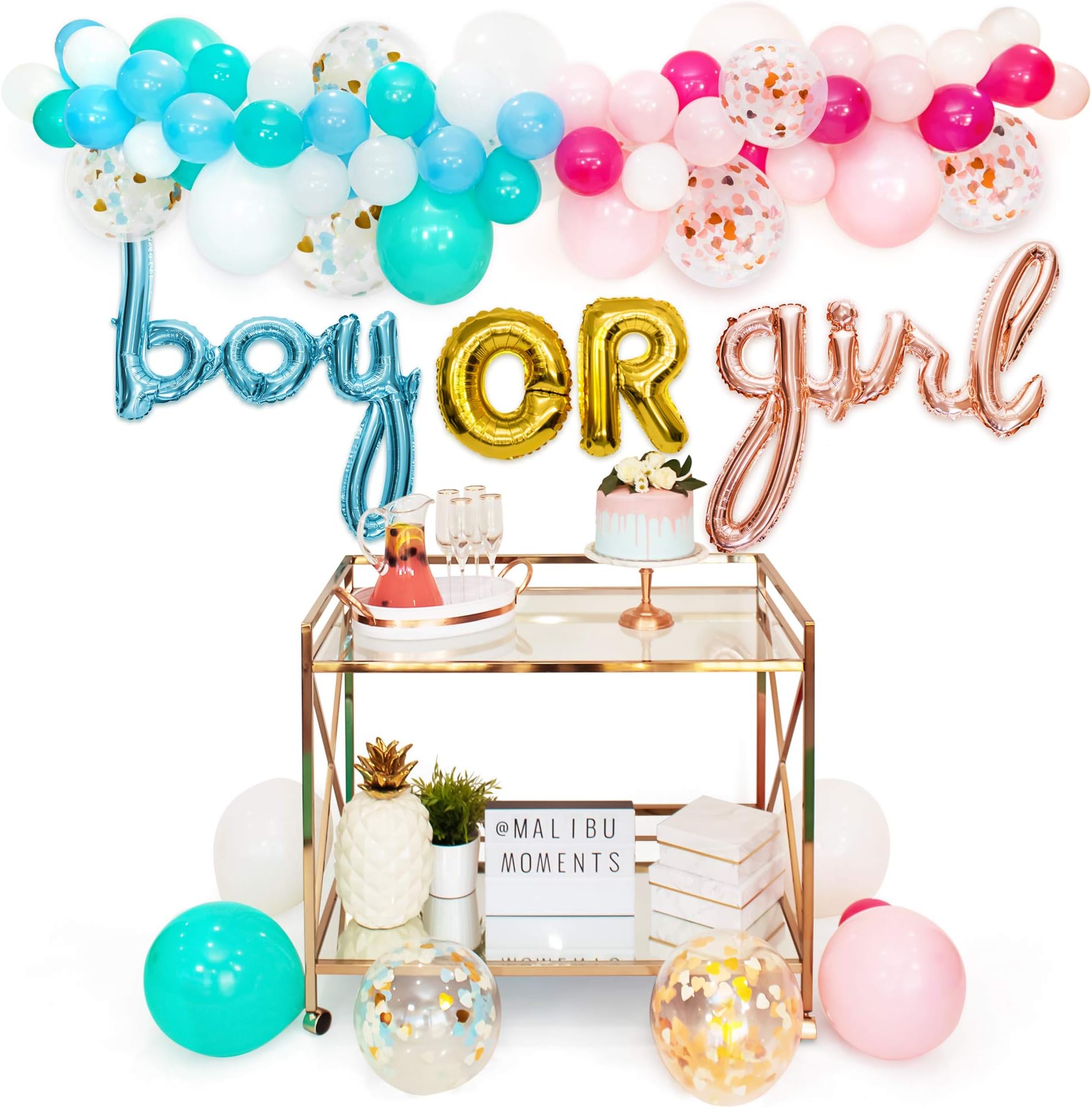 Gender Reveal Party Supplies Decorations – for Boy or Girl with Rose Gold & Blue Foil Balloons, Balloon Garland Decorating Strip with 76 Assorted Blue, Pink, & Confetti Latex Balloons, and Hand Pump