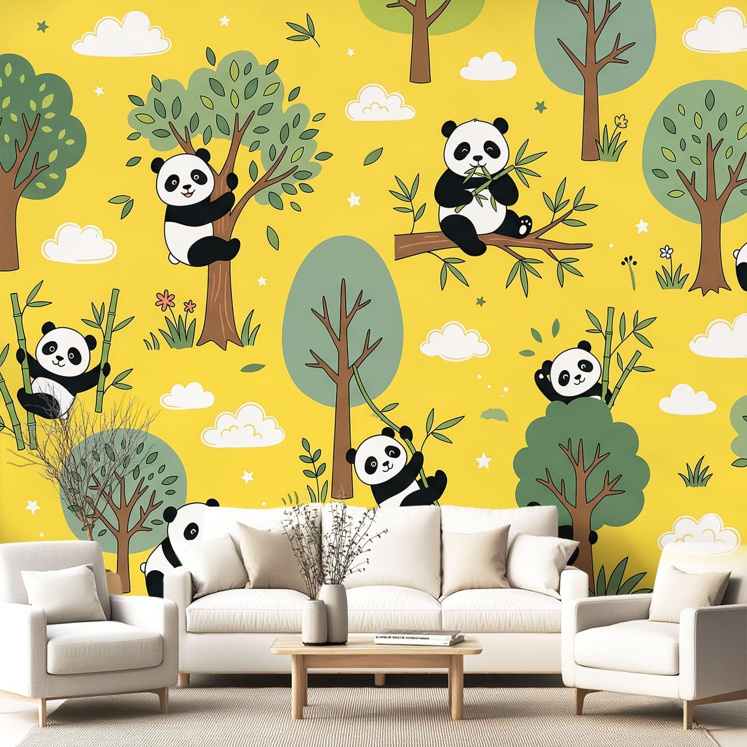 Tapeta 3D, kreskówka, zwierzę, 315 x 215 cm, mural, panda, drzewo, chmura, tapeta mural do sypialni, przedszkola, malowniczego ogrodu