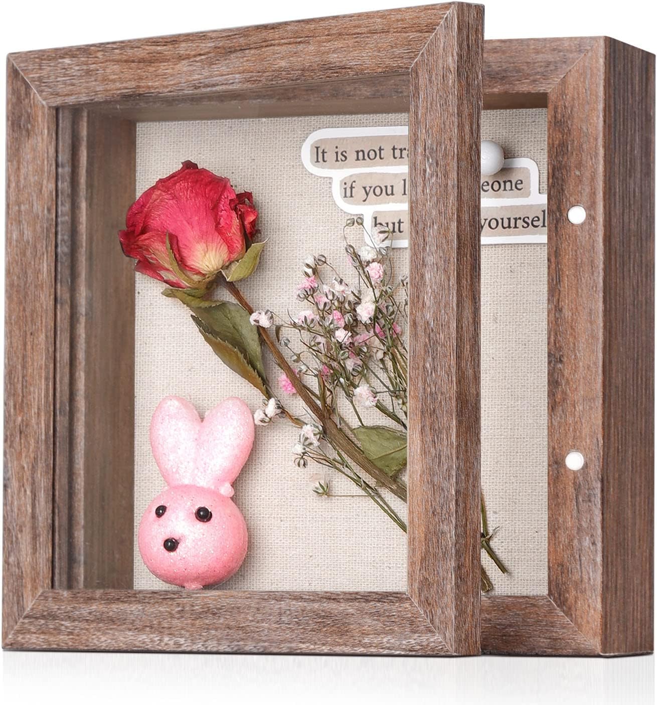 5x5 Small Shadow Box Frame with Linen Back - Sturdy Rustic Memory Display Case of Flower, Pictures, Medals and More, Rustic Brown