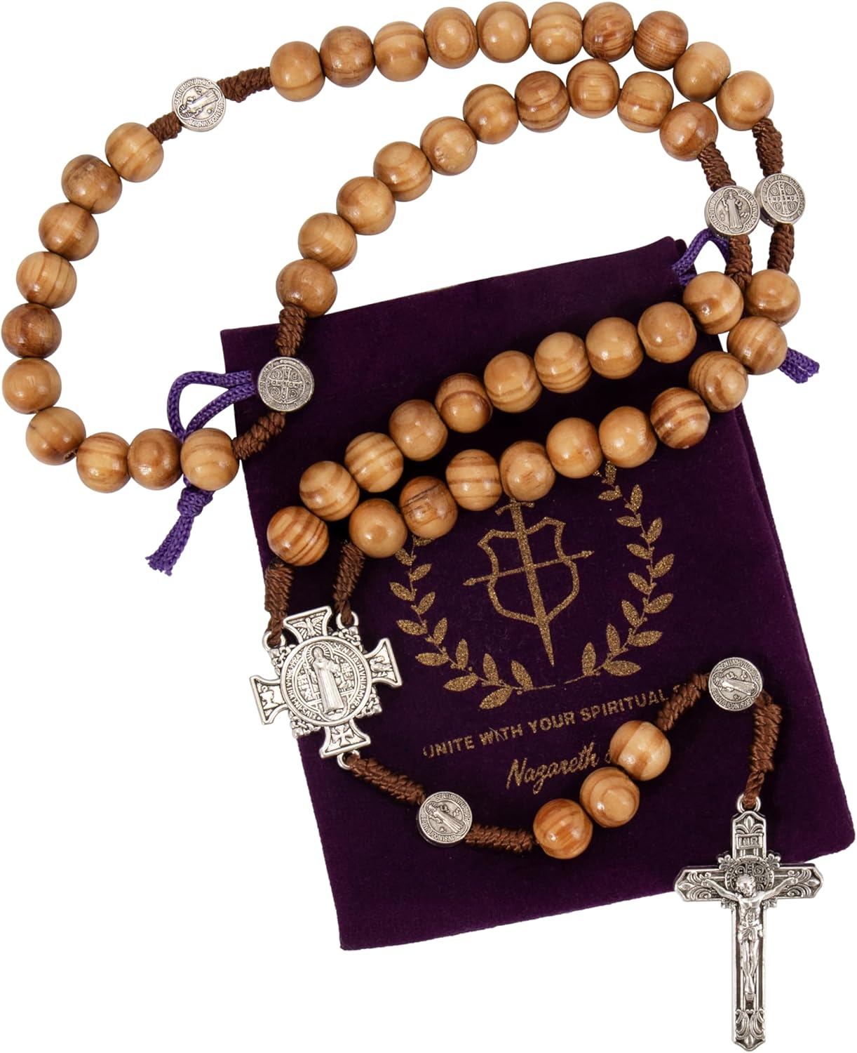 Nazareth Store Sacred St Benedict Wood Beads Rosary Solid Wooden Prayer Chaplet with Cross Saint Medal & Silver Jesus Crucifix - Image 5