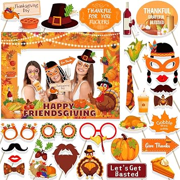 HOWAF 31pcs Friendsgiving Photo Booth Props Kit, Friends Happy Thanksgiving Party Selfie Props with Photo Frame for Turkey Day Give Thanks Party Friends Gathering Decorations