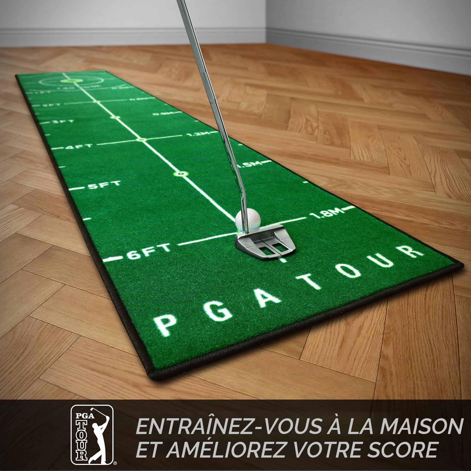 PGA Tour Tapis de Golf de Luxe de 2,4 m pour Golf d'intérieur, Tapis de Golf avec Instructions d'entraînement, Cible de Trou Pleine Grandeur, Zone de Lancer de 1,8 m, Vert, Sac de Transport Portable