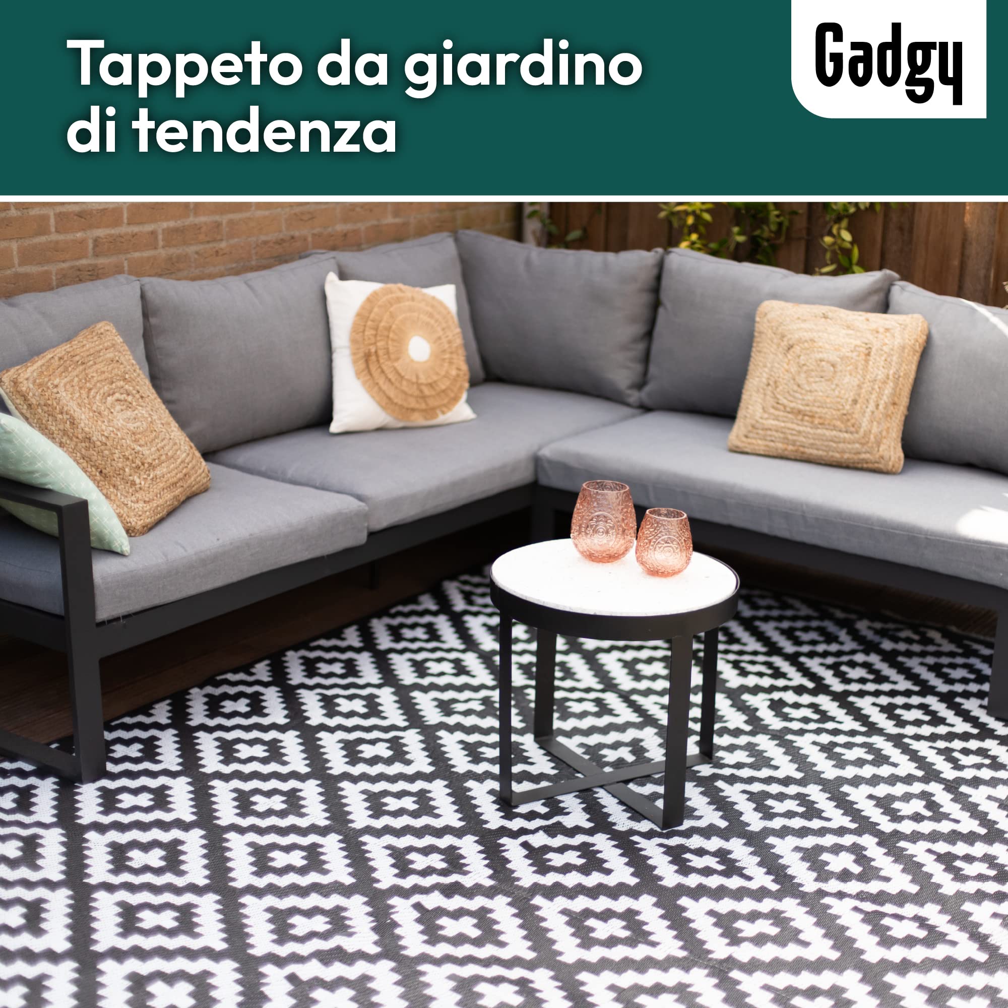 Gadgy Tappeto da Esterno Resistente alle Intemperie 200 x 300 cm - Elegante Tappeto Impermeabile e Resistente ai Raggi UV - Tappeto da Giardino Reversibile - Verde con Sacco Trasporto - Nero