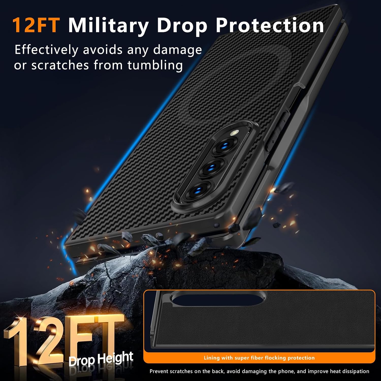 Magnetic for Samsung Galaxy Z Fold4 Case with Carbon Fiber Texture Design,Wireless Charging [PC] Military-Grade Shockproof case Cover for Z Fold 4[Black] MUS-TQCX-02-06