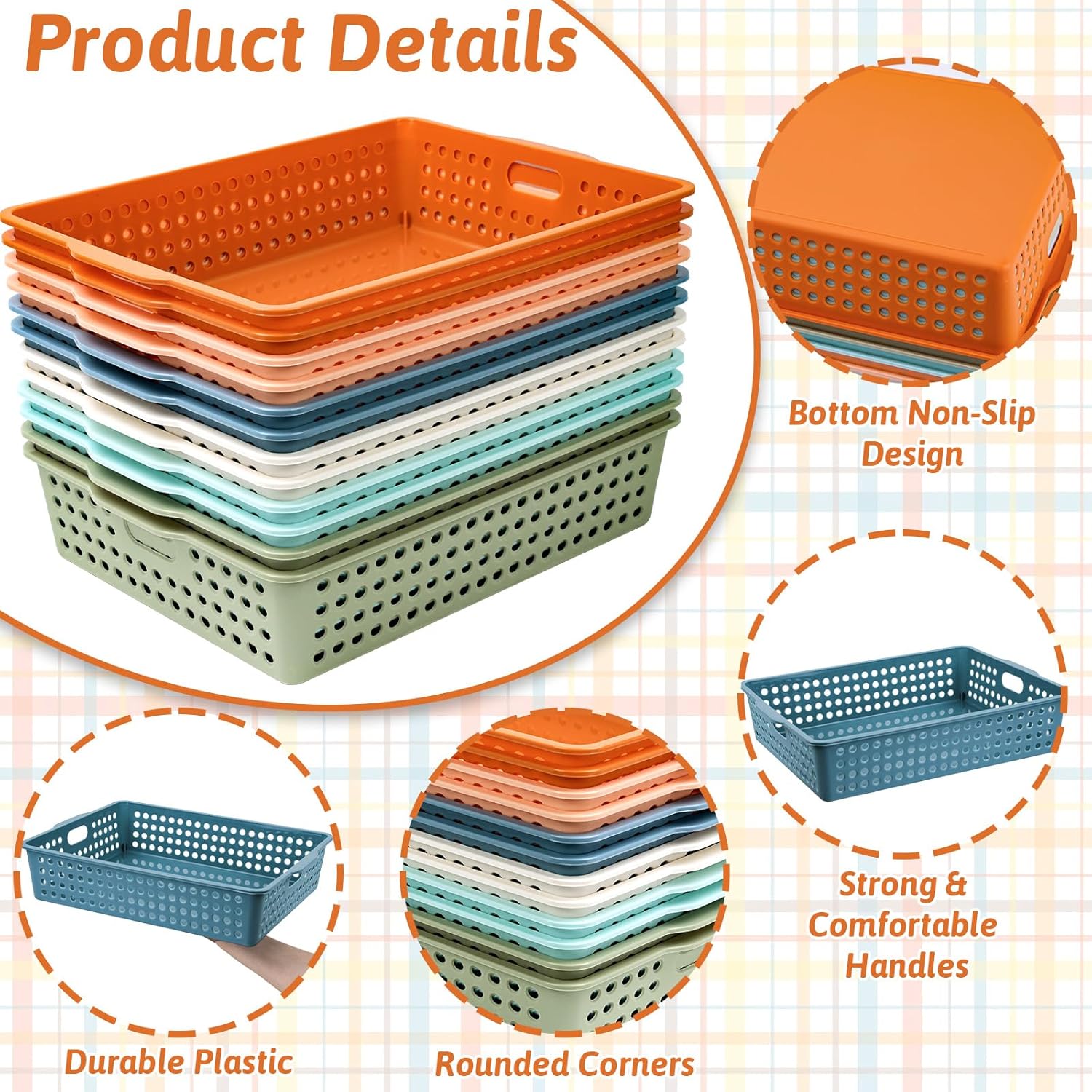 12 Pcs Plastic Classroom Storage Basket Bulk 14 x 10 In Turn in Paper Trays for Classroom A4 Size Colorful Storage Organizer Bin with Handles Stackable Container for Playroom Home Office School Supply