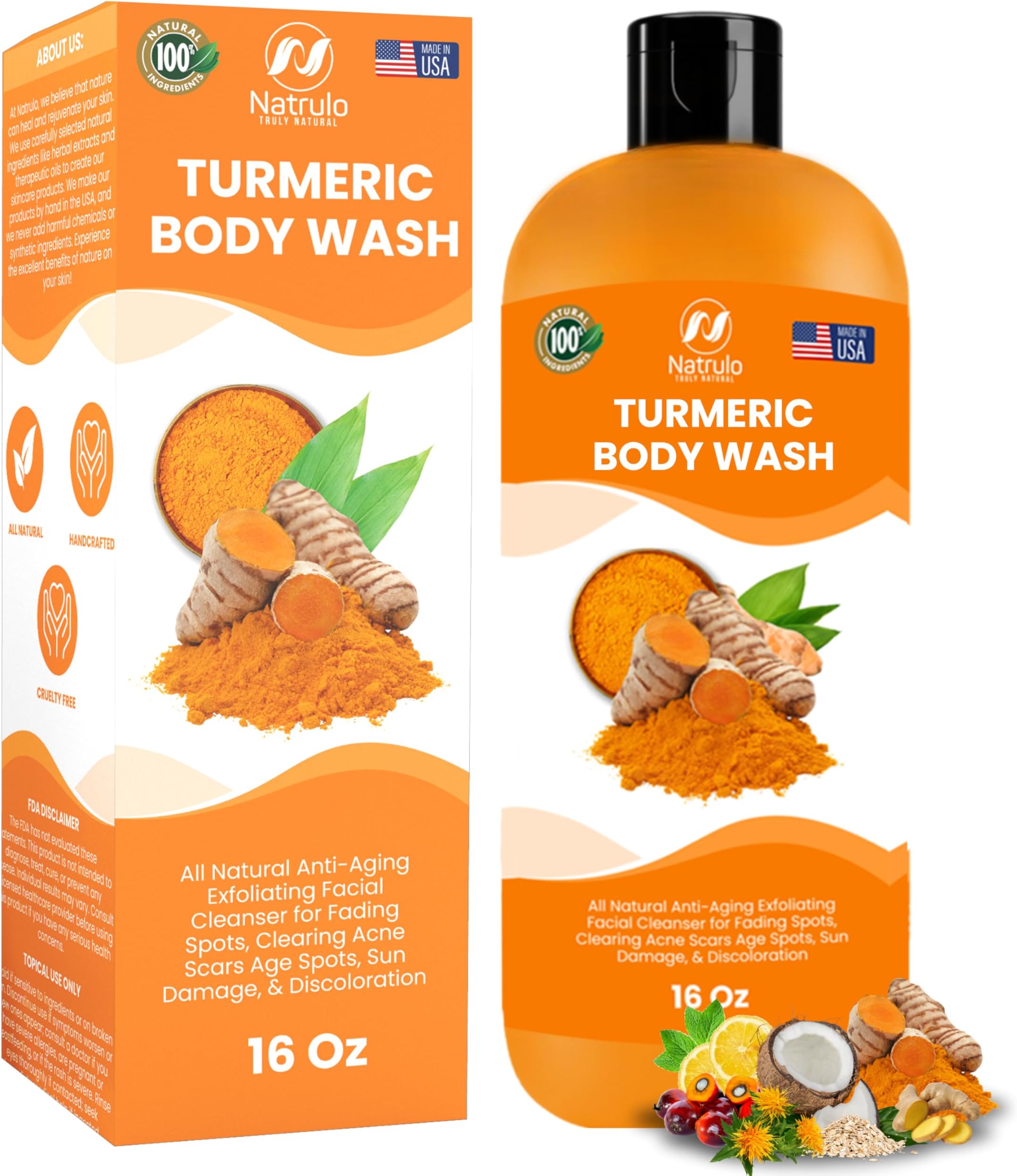 Turmeric Body Wash – Skin Brightening Turmeric Soap for Dark Spots, Hyperpigmentation – Exfoliating Turmeric Face Wash Reduces Acne, Scars, & Cleanses Skin – Natural Turmeric Liquid Soap Made in USA