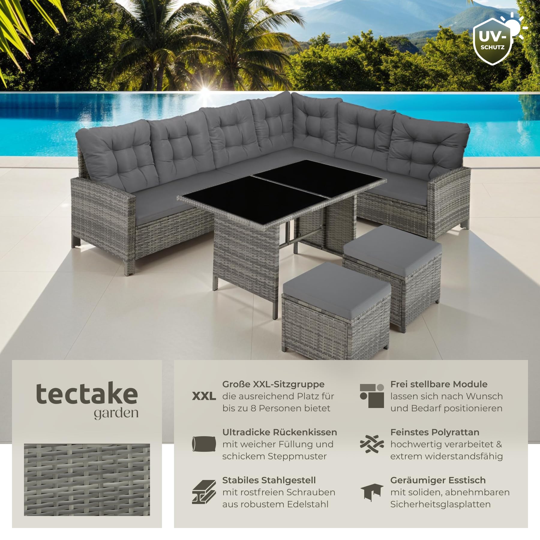 tectake® Polyrattan Lounge Set, Gartenmöbel Set mit Sofa, Hocker + Tisch, Balkon Möbel Outdoor, 5-teilige Sitzgruppe, inkl. Sitz- & Rückenkissen, ideal für Garten, Terrasse, Balkon - grau-meliert/grau