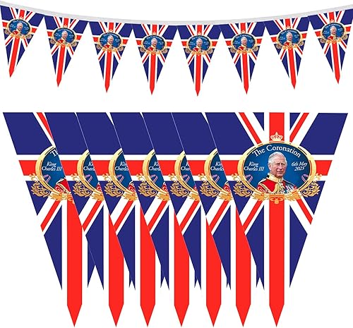 Banderines de coronación King Charles de 32.8ft Union Jack Banderines de coronación King Charles 2023, 30 banderas triangulares King Charles String