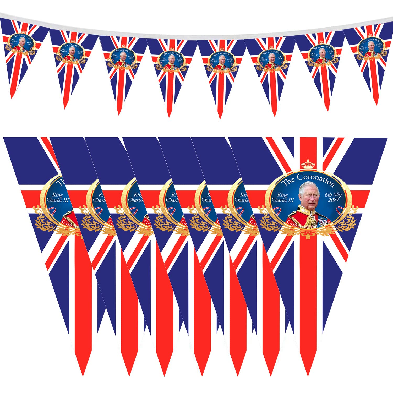 10M 32.8FT 30Pcs King Charles Coronation Decorations Flags, Union Jack Flags, King Charles III Coronation Celebration Hanging Ornament 2023, Triangle UK Coronation Flags Bunting King Charles