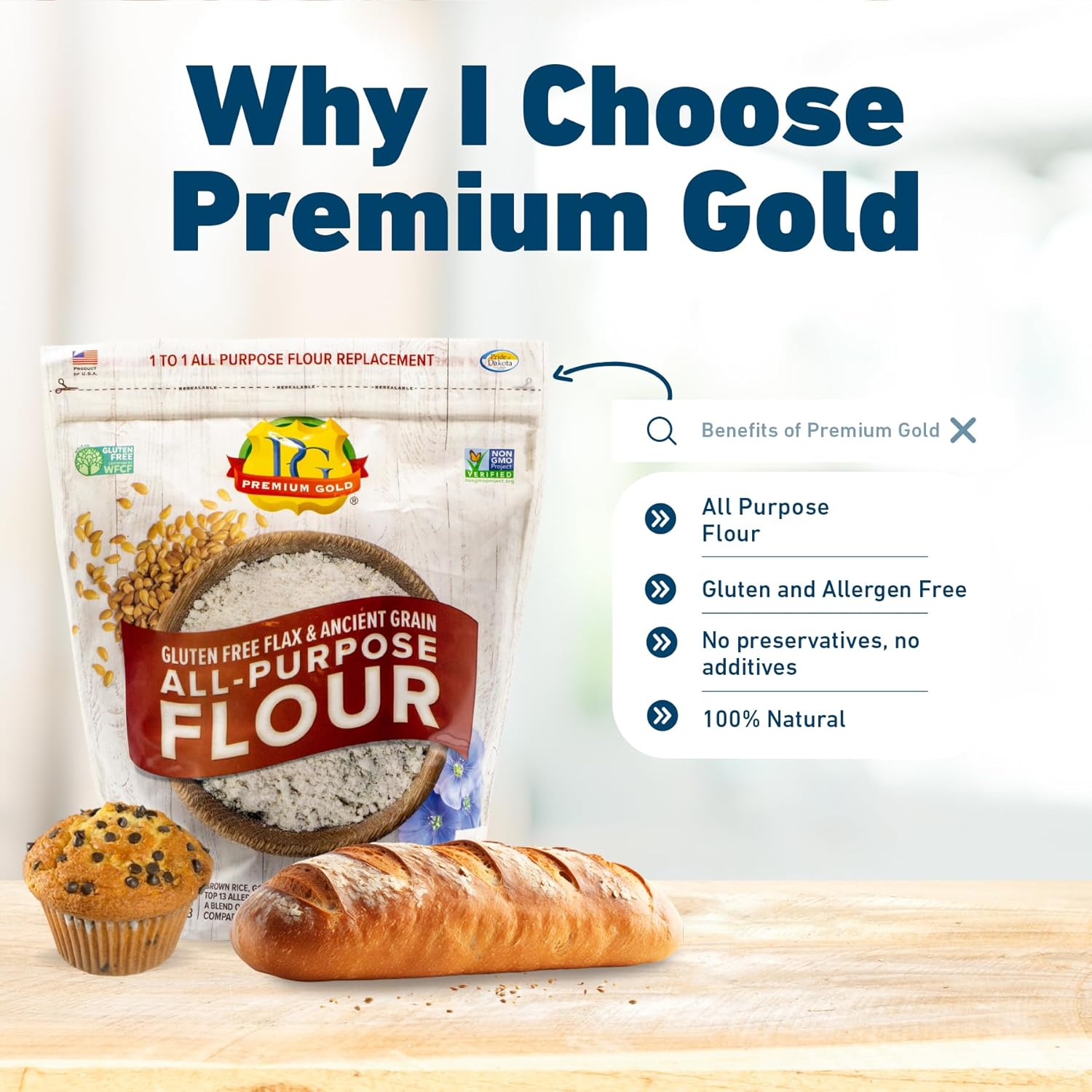Premium Gold Gluten Free All Purpose Flour, 5 Pound, Gluten-Free, Non-GMO, Kosher, High In Fiber, Source of Omega-3, Plant-Based Protein, No Preservatives, No Additives, Ideal for Beverages & Baking