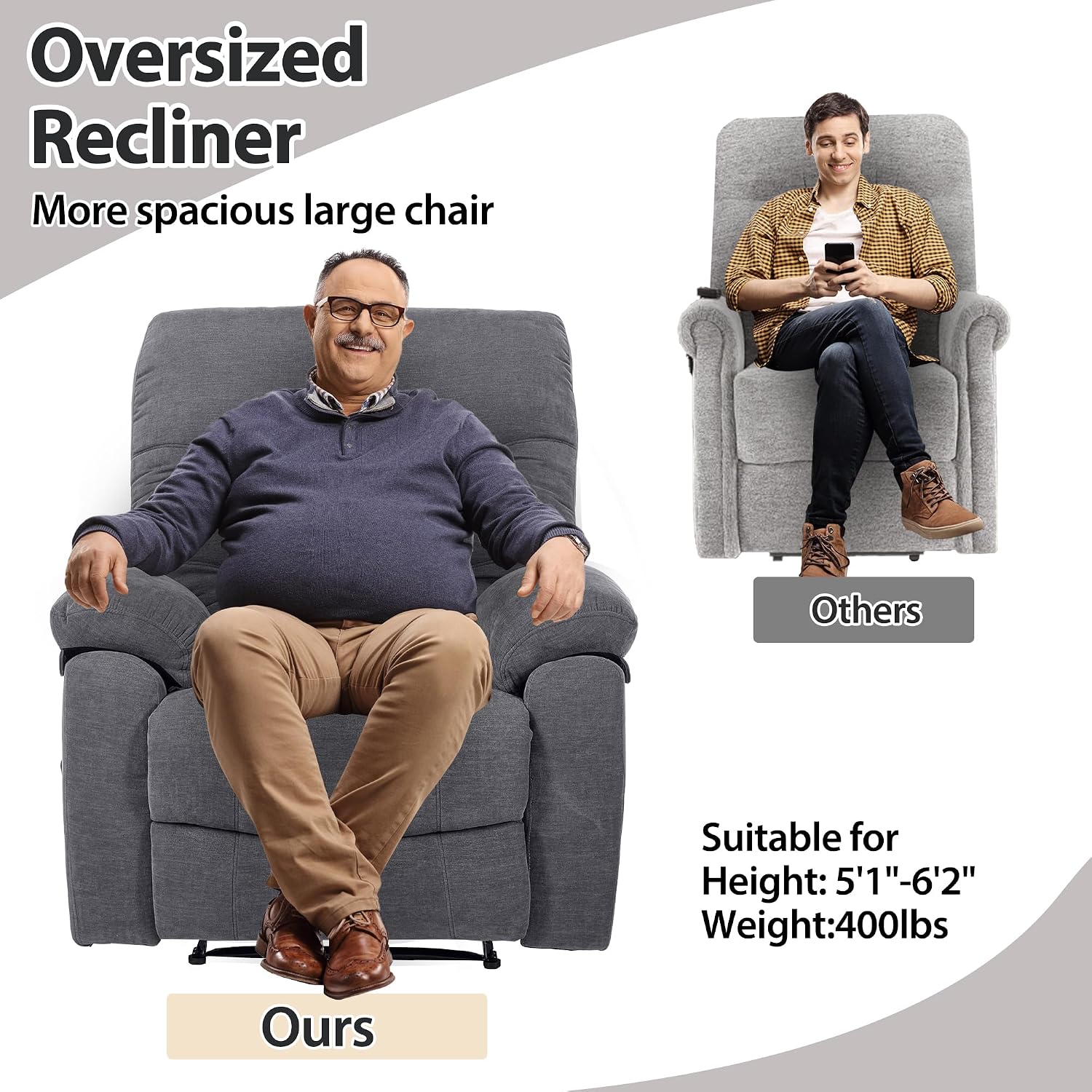 Manual Oversized Recliner Overstuffed Chairs Large Recliner High Weight Capacity Big and Tall Man Recliner for Heavy Duty 400lbs Adults for Living Room, Bedroom, Nursery, RV Grey
