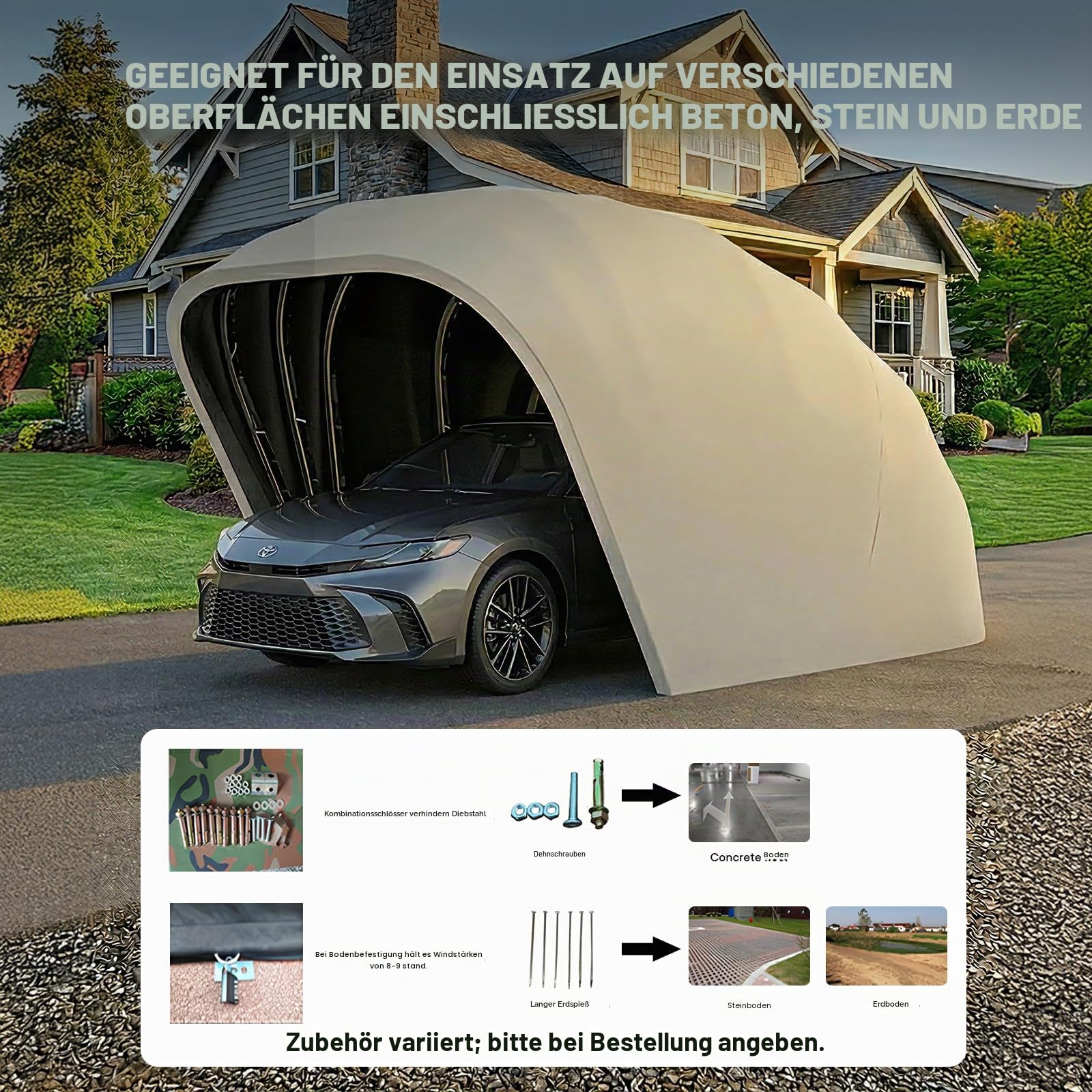 Allwetterfester Carport, Mobile Faltgarage, Auto-Markise, halbautomatischer Anti-Exposition-Carport, abschließbarer, langlebiger Unterstand, 18 Fuß (Silver)