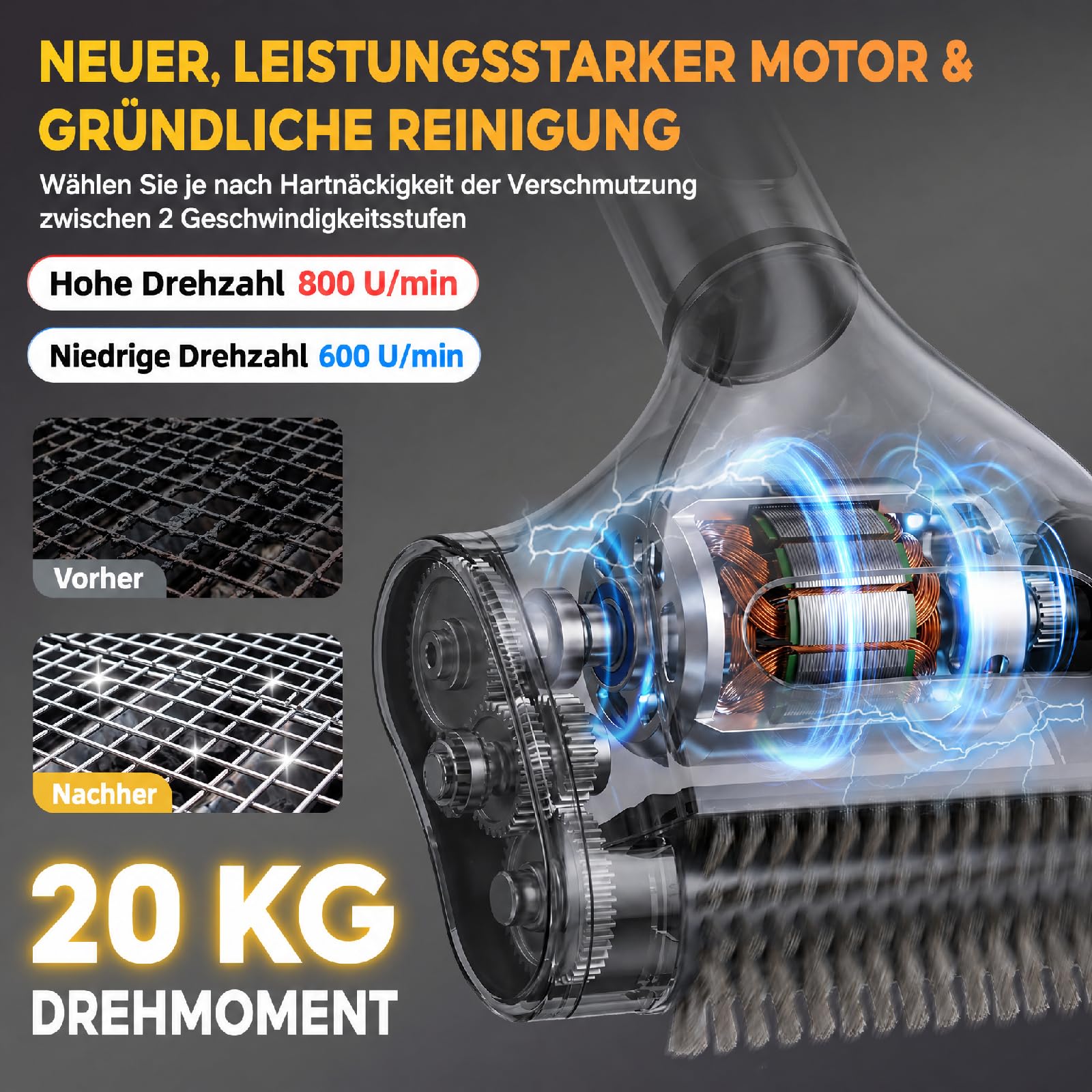 SOARFLY Elektrische Grillbürste, Grillbürste mit Einer Laufzeit von 210 Min bei 800 U/min, 20 kg Drehmoment & Zwei LED-Leuchten, Elektrische Reinigungsbürste für Männer und Grillfans