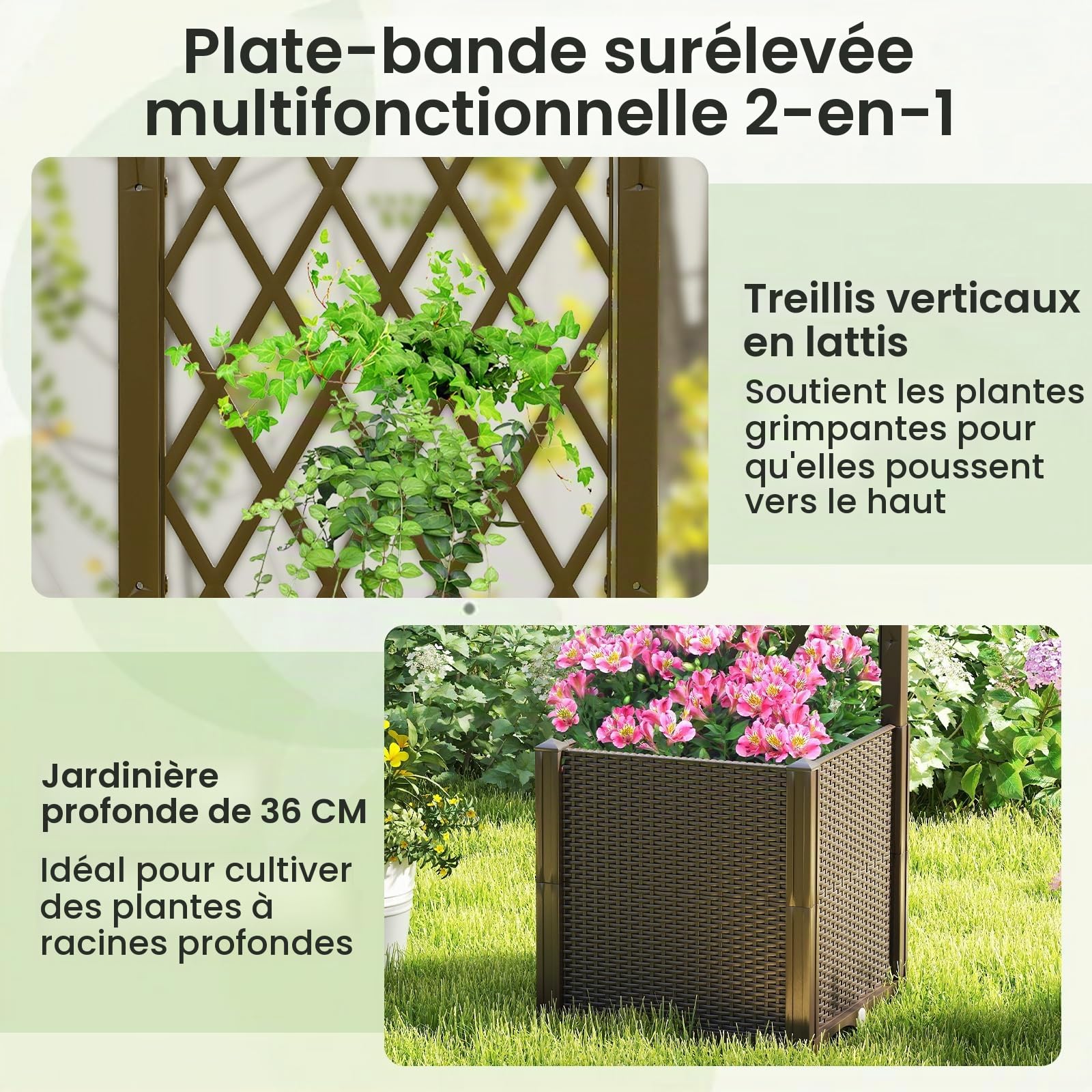 RELAX4LIFE Jardinière Surélevé avec Treillis 140CM avec 2 Bac à Fleurs, Disque Auto-Arrosant, Trous de Drainage pour Plantes Grimpantes Légumes Fleur pour Jardin Terrasse Balcon (Marron,40x40x140cm)