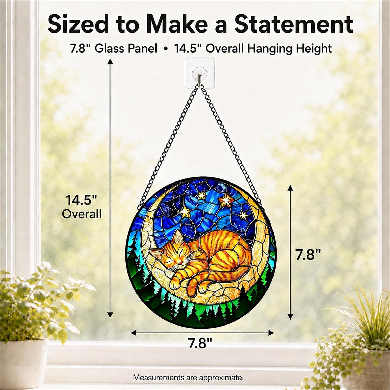Moon Sleeping Cat Stained Glass Suncatcher, 7.8" Window Hanging Decor