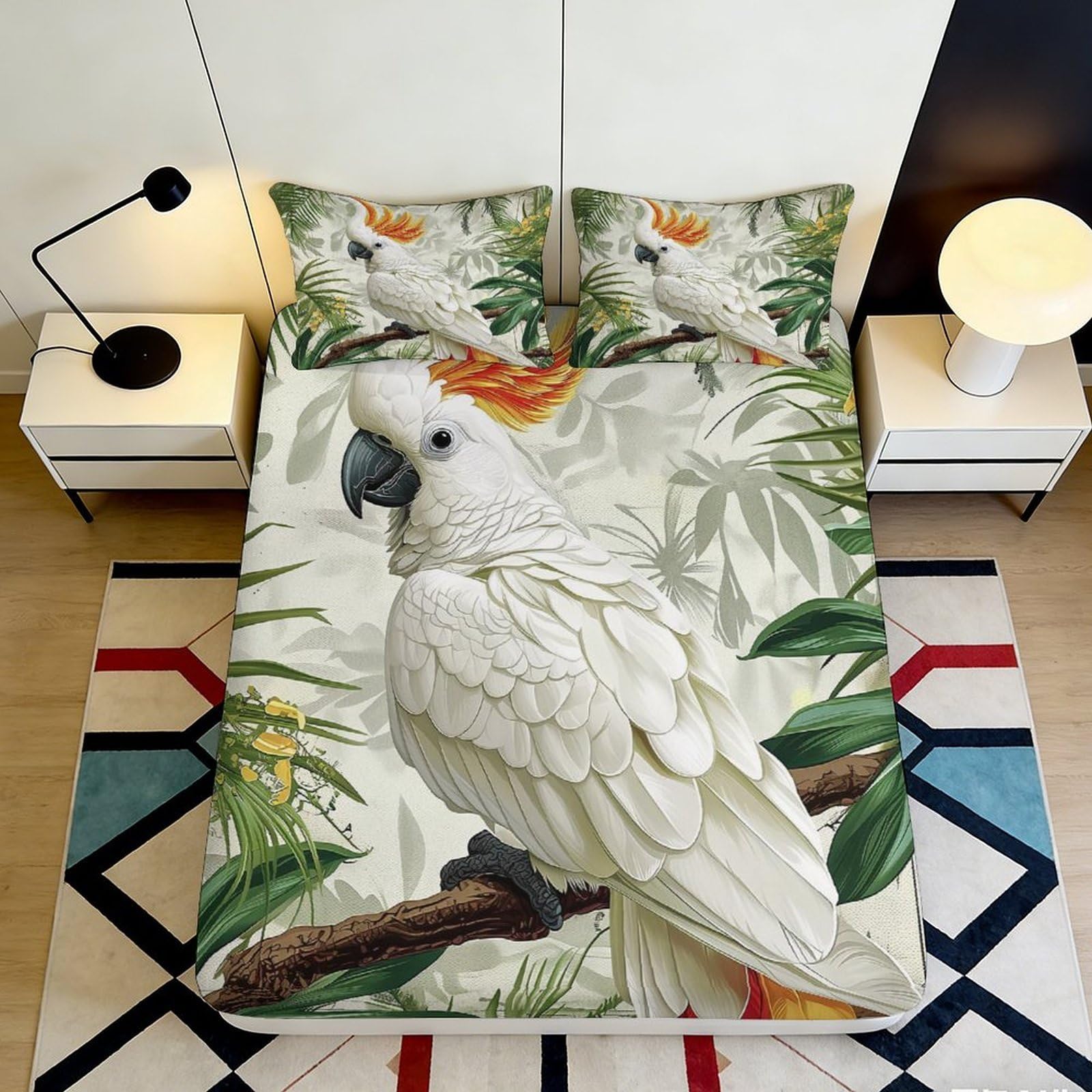 3D Printed Tropical Parrot Fitted Sheet Microfiber Soft Breathable Jungle Bird Mattress Cover for Bedroom Decor 90x200x25cm