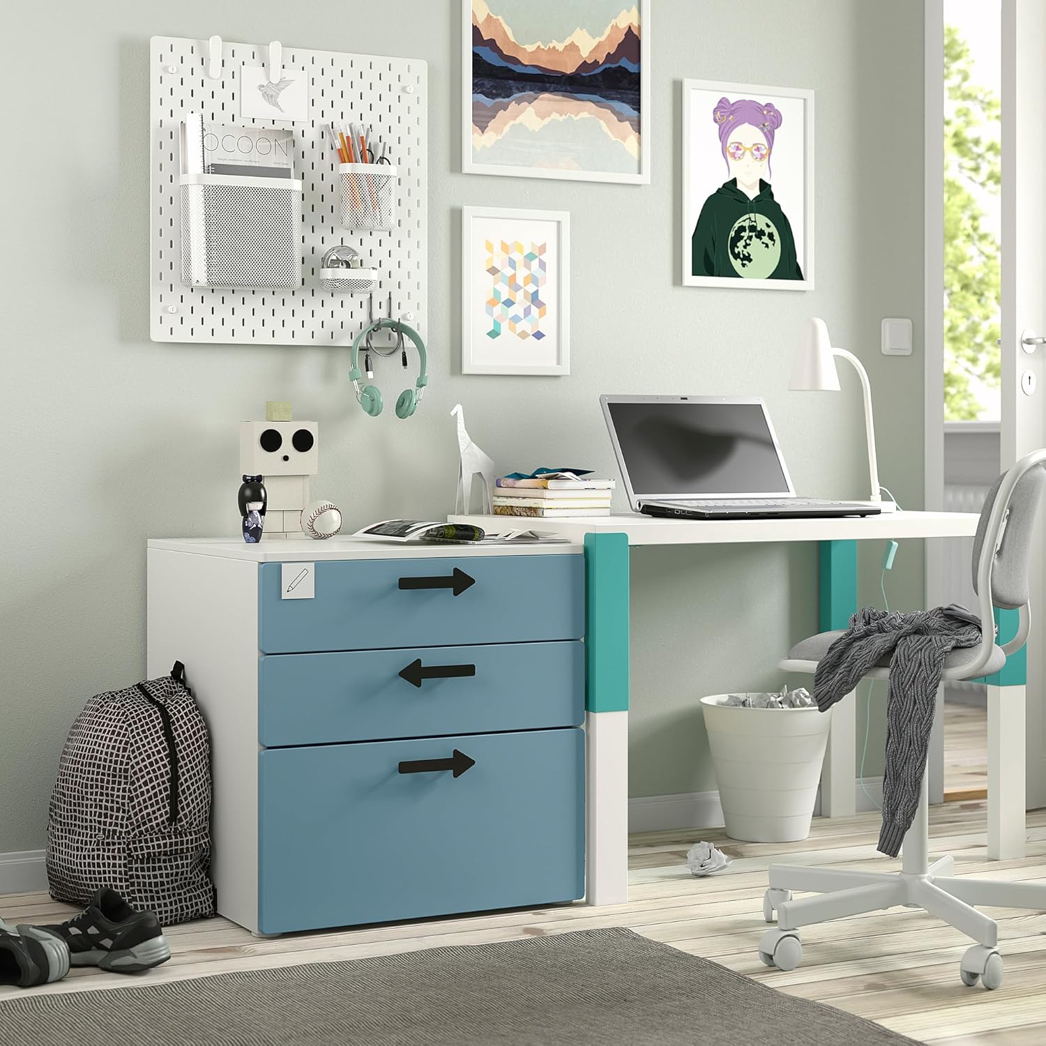 PLATSA/SMÅSTAD Chest of 3 drawers, white/blue, 60x57x63 cm