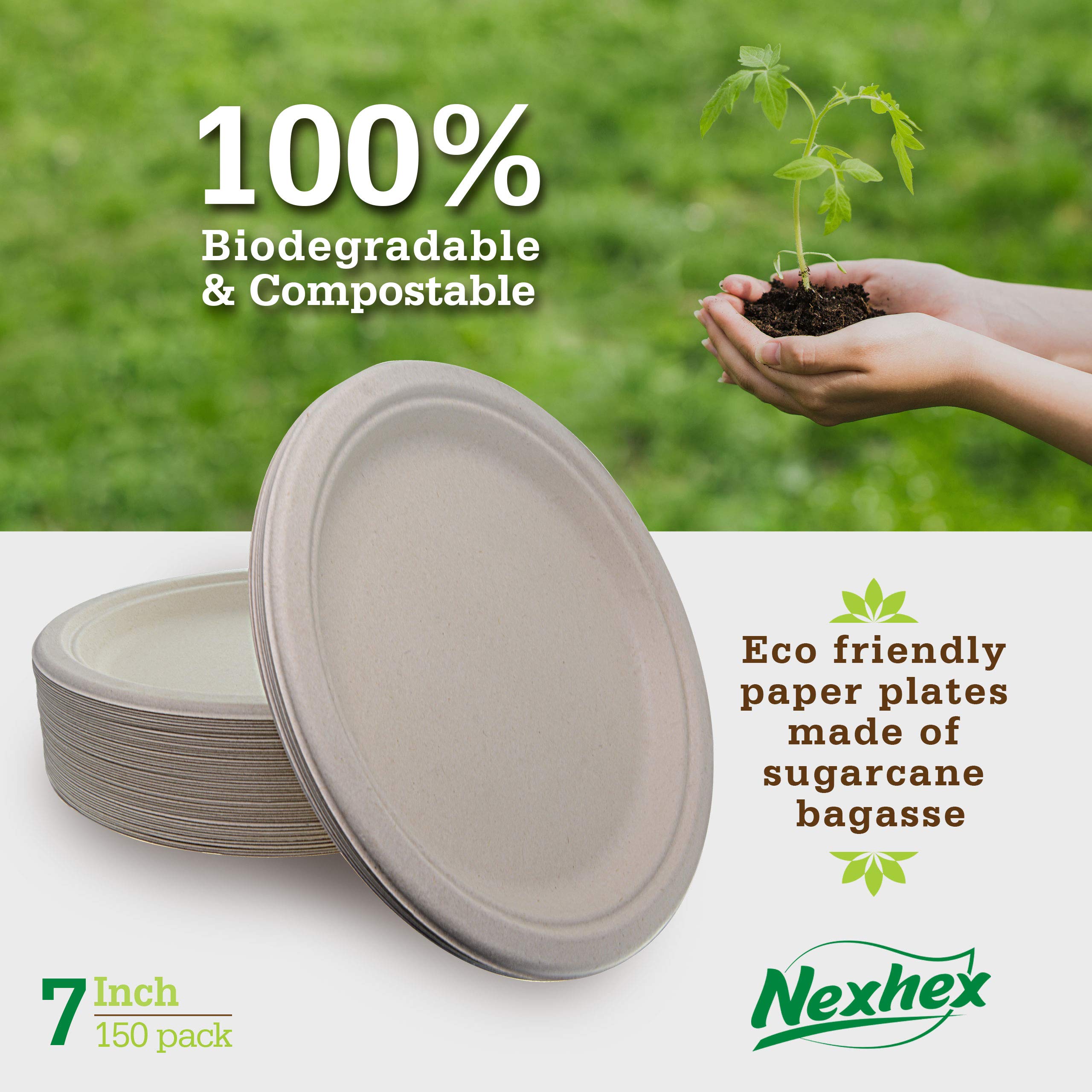 Piatti di carta da 17,8 cm [confezione da 150] marrone compostabile monouso biodegradabile premium naturale ecologico bagassa, realizzati in fibre di canna da zucchero di qualità pesante