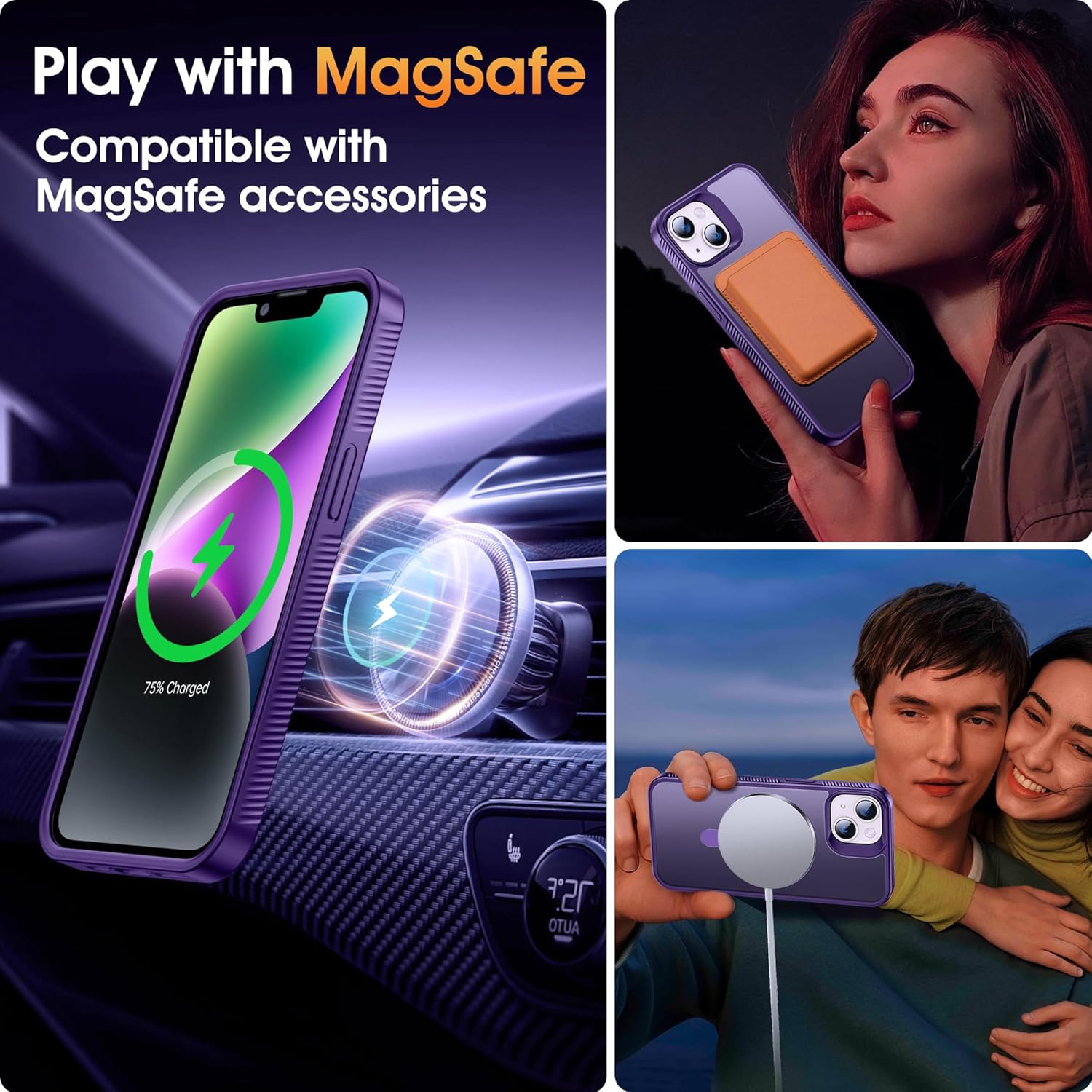 Supdeal Magnetic Stand Case for iPhone 13/iPhone 14, [360° Rotatable Ring Kickstand Holder] [Compatible with MagSafe], Matte Translucent Non Slip Silicone Military-Grade Phone Cover, 6.1", Purple
