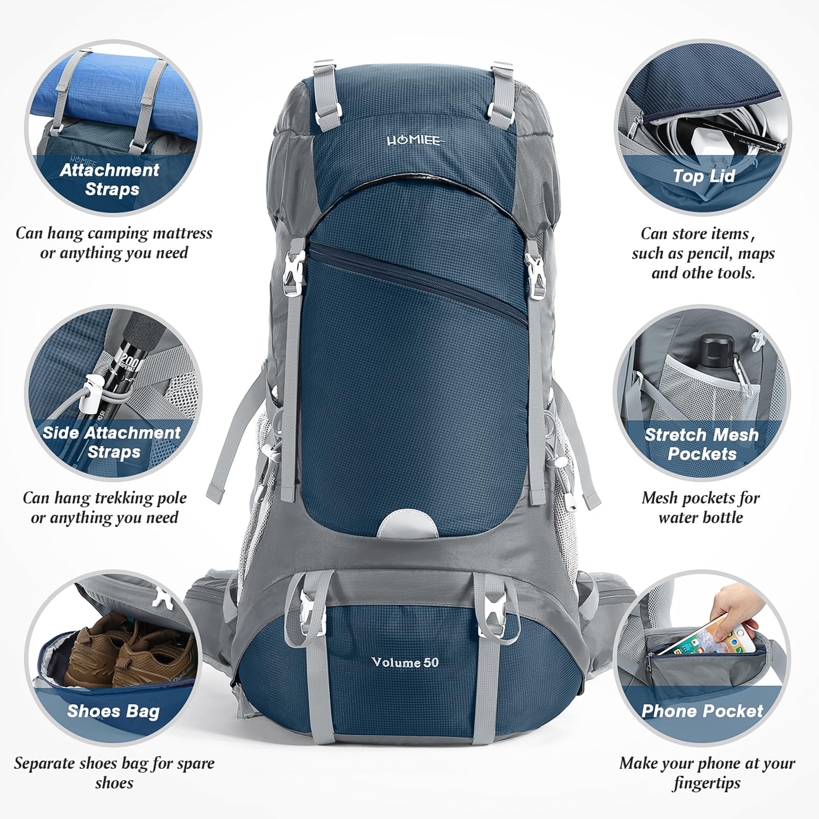 HOMIEE Zaino da Trekking 50L 60L Zaini da Escursionismo Zainetto Leggero Zaino Viaggi di Campeggio Montagna con parapioggia Zaino per Alpinismo Impermeabile Daypack da Arrampicata