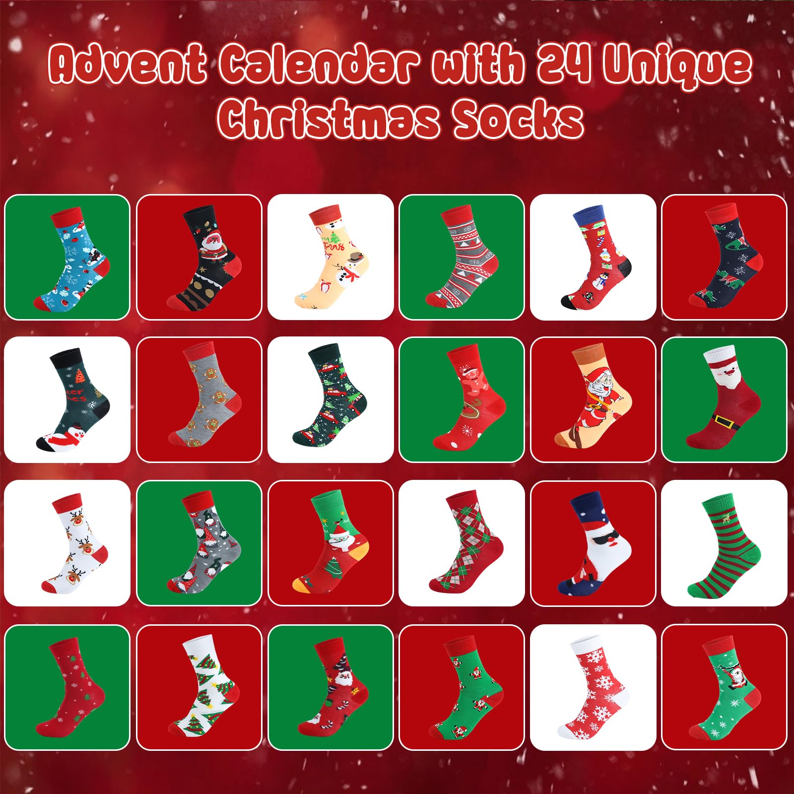Calendrier de l'Avent de Noël 2025, 24 Chaussettes de Noël Unisex(sans paires), Taille 35-38, Calendrier de l'Avent de Chaussettes Adulte Cadeaux de Fête de Noël pour Femmes et Hommes