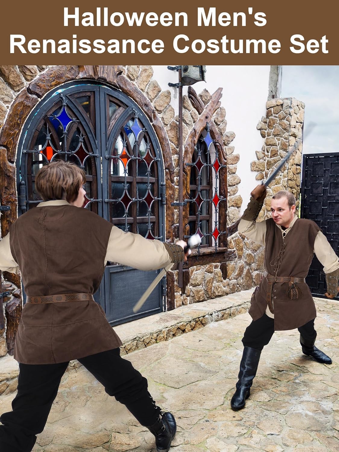 Suhine 6 Pcs Men's Halloween Renaissance Costume Set Medieval Vest Shirt Ankle Banded Pants Viking Belt Armband Pouch - Image 6