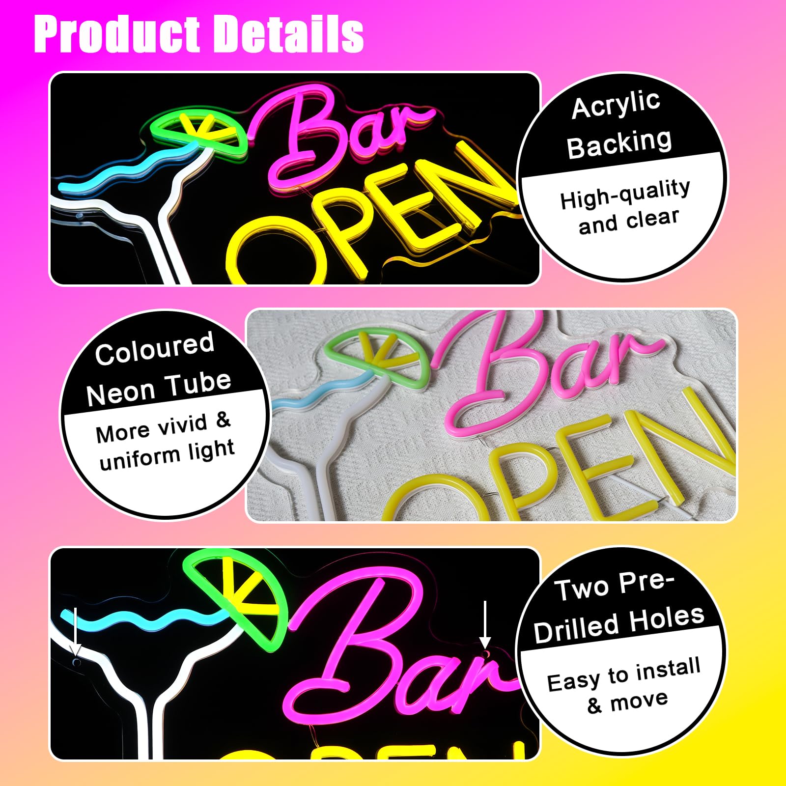 Panneau néon « Bar Open » Enseigne Néon Cocktails pour Décoration Murale Bar Applique Néon USB Led Enseigne Ouverte pour Bar à Bière Club Business Maison Pub Man Cave Décorations de Fête