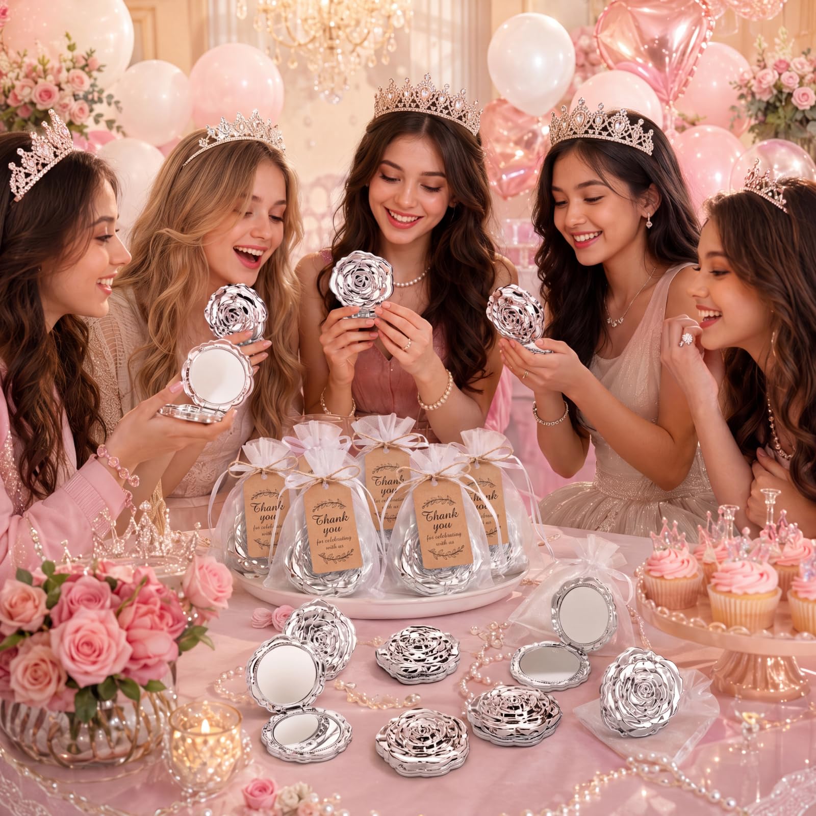 Woanger Quinceanera Taschenspiegel-Set, 36 Stück, süß, 16 Gastgeschenke, Spiegel, Dankeschön-Etiketten, weißer Organza-Beutel für Brautparty, Hochzeit, Junggesellinnenabschied, Souvenir, Gastgeschenk