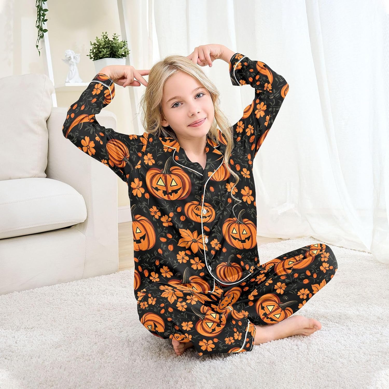 Pumpkin Flowers Halloween Satin Pajama Sets Long Sleeves Nightwear Button Down Sleepwear
