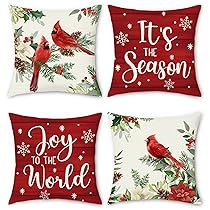 Bonhause Federe per Cuscini Natale 45 x 45 cm Copricuscini Decorativi Uccello Cardinale Foglie di Pino Fiocchi Federa per Cuscino Divano Letto Casa Decorazione Set di 4