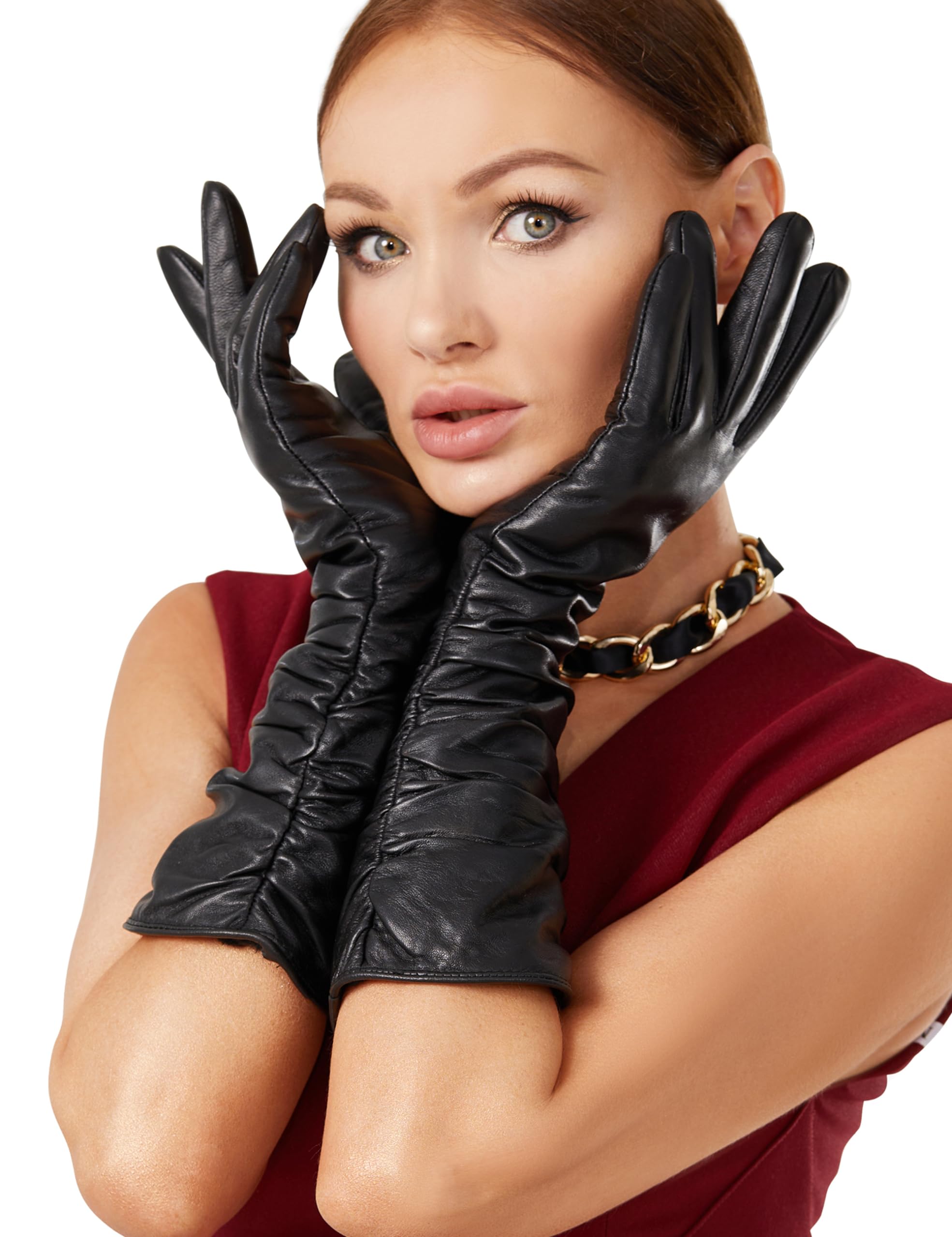VIKIDEER Luxuriöse lange Lederhandschuhe für Damen, Plüschfutter, Touchscreen, warm, weich, für Abendoper oder den Alltag