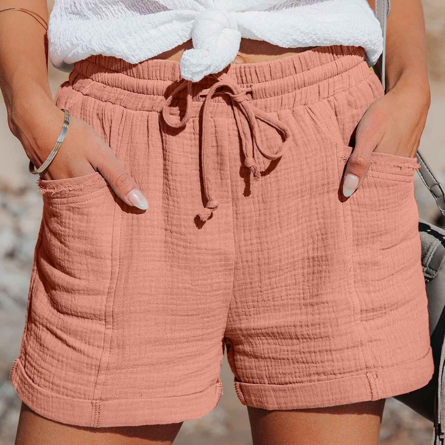 Womens Cotton Linen Shorts Summer Beach 2026 Drawstring Elastic High Waist Dressy Casual Short Pants with Pockets