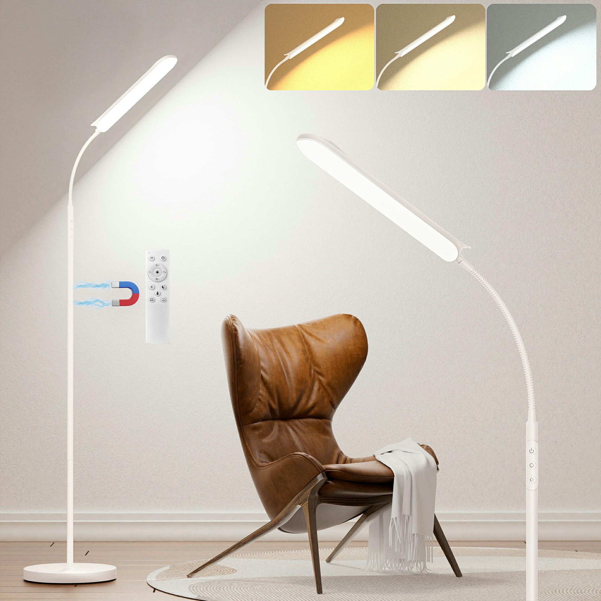 Lampada da Terra LED Dimmerabile, 18W 1800LM Luminoso Lettura Piantana Bianco con 4 temperatura di Colore,Telecomando Magnetico, Collo D'oca Flessibili a 360°,Timer 1H, per Soggiorno Letto Ufficio