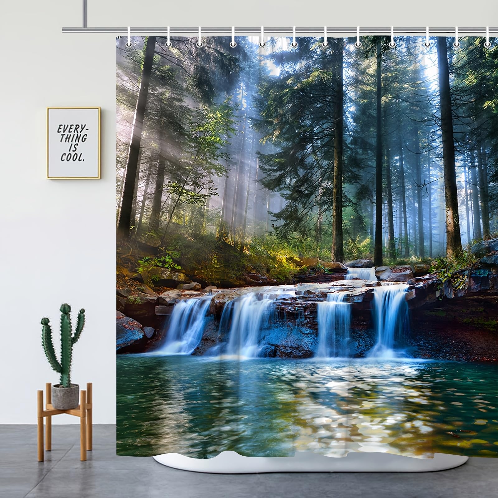 GLKSDLPO Enchanting Forest Waterfall Shower Curtain -3D Digital Painting Minimalist Geometric with Hooks - for Bathroom Decor(125x180cm/49x71in(WxH)