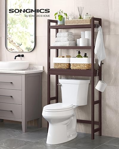 Vista 2 de SONGMICS Over The Toilet Storage, 3-Tier Over Toilet Bathroom Organizer with Adjustable Shelf, 10.2 x 24.8 x 66.9 Inches, Space-Saving, Brown Marrón