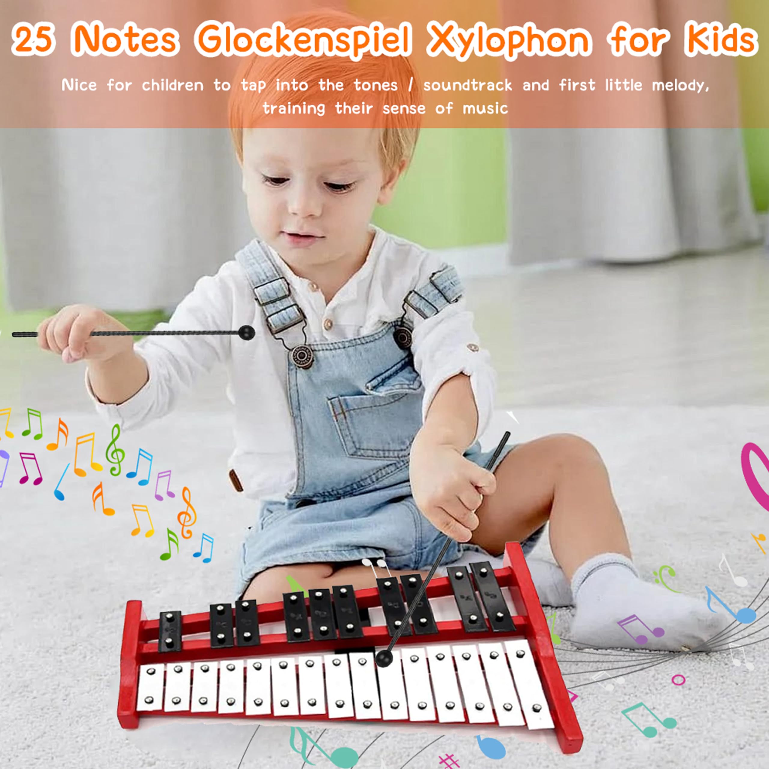 Glockenspiel Xilofono in legno a 25 note, Strumenti musicali per bambini e adulti, con 2 bacchette e borsa per il trasporto, Percussioni a mano in legno e alluminio