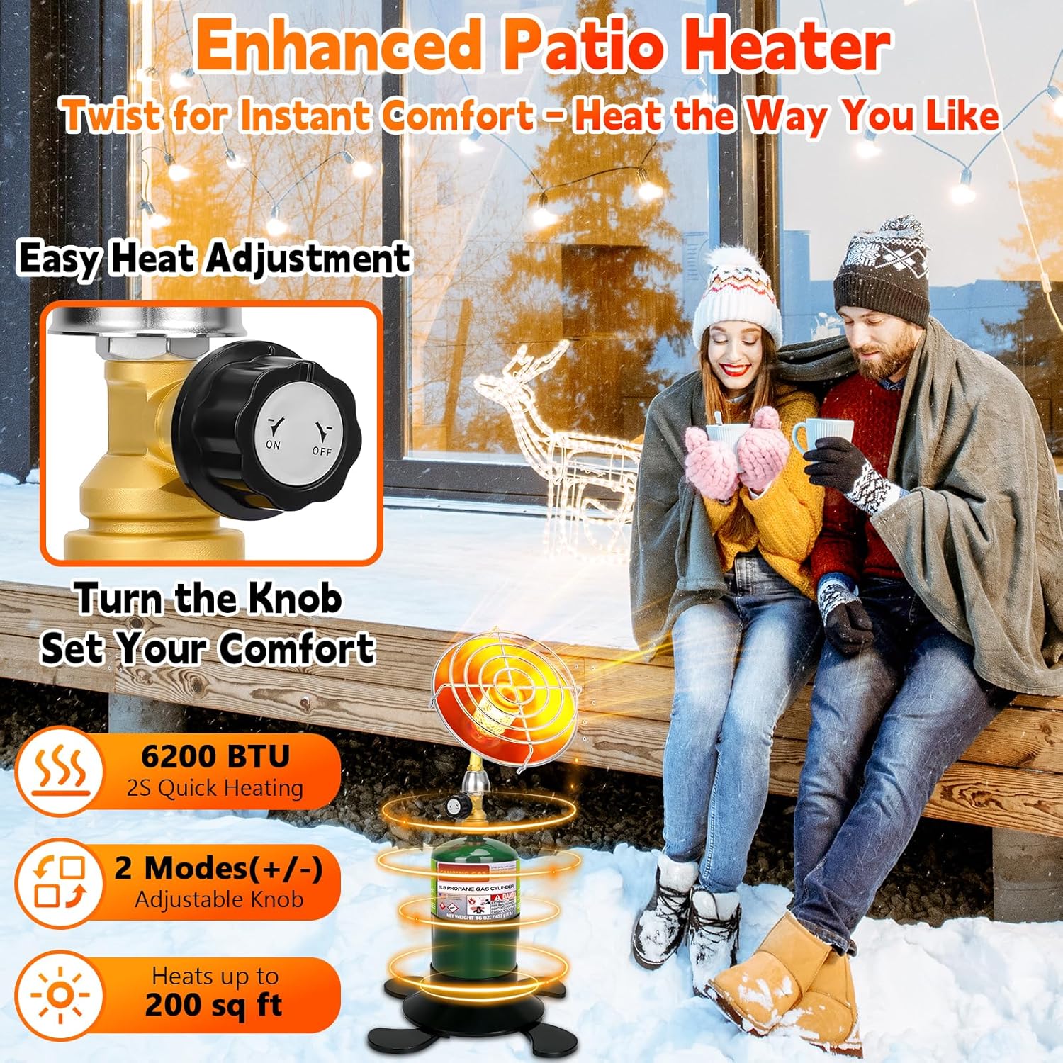 Portable Propane Heater for Camping, Outdoor Small Space Patio Heater with Control Valve, Radiant Cordless Tent Heaters with Foldable Gas Tank Holder for Hiking Ice Fishing Hunting Backyard