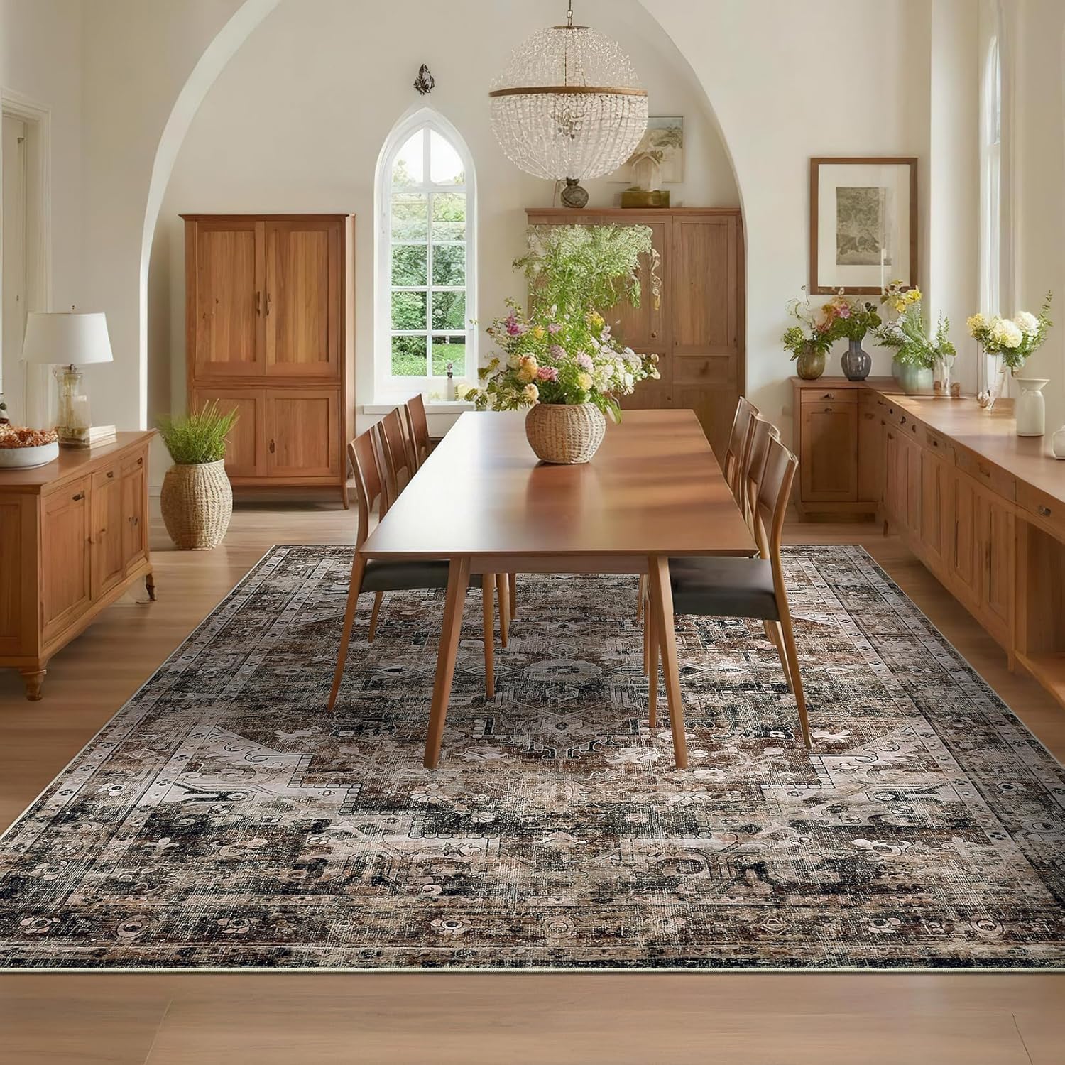 GarveeHome 9x12 Washable Vintage Living Room Area Rug: Vintage Machine Washable Area Rug for Living Room Indoor Large Non-Slip Bedroom Carpet Low Pile Stain Resistant Dining Room Carpet Brown Brown 9' x 12' (Rectangular)