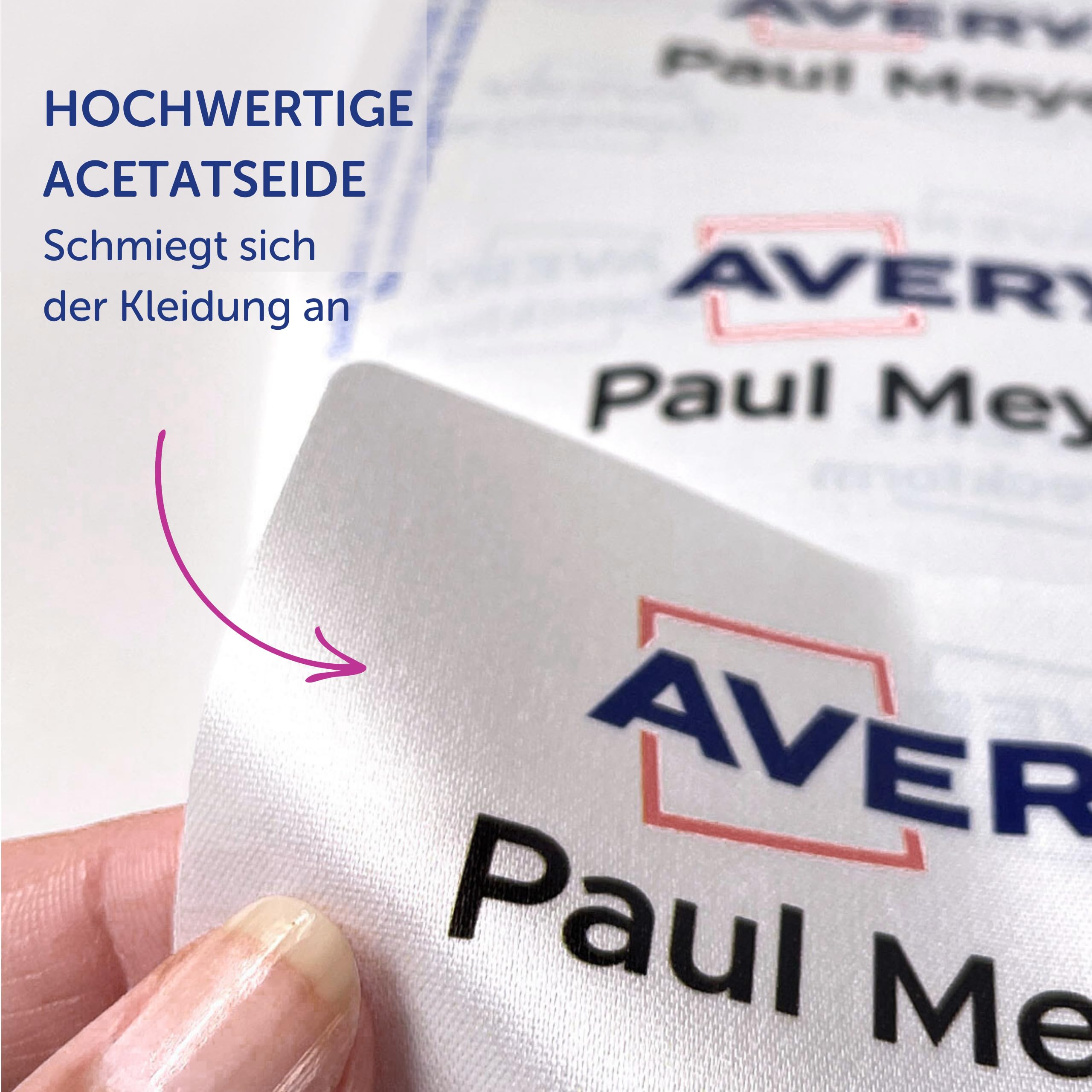 AVERY Zweckform L4785-20 Namensetiketten (200 Namensaufkleber, 80x50mm auf A4, selbstklebend, bedruckbare Textiletiketten aus Acetatseide für Laserdrucker, rückstandsfrei ablösbar) 20 Blatt, weiß