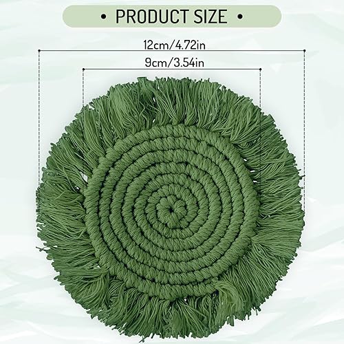 Miniatura 2 de Whaline 4 posavasos bohemios de macramé, color verde, hechos a mano, tejidos a mano, rústicos, para el hogar, cocina, oficina, mesa, escritorio,