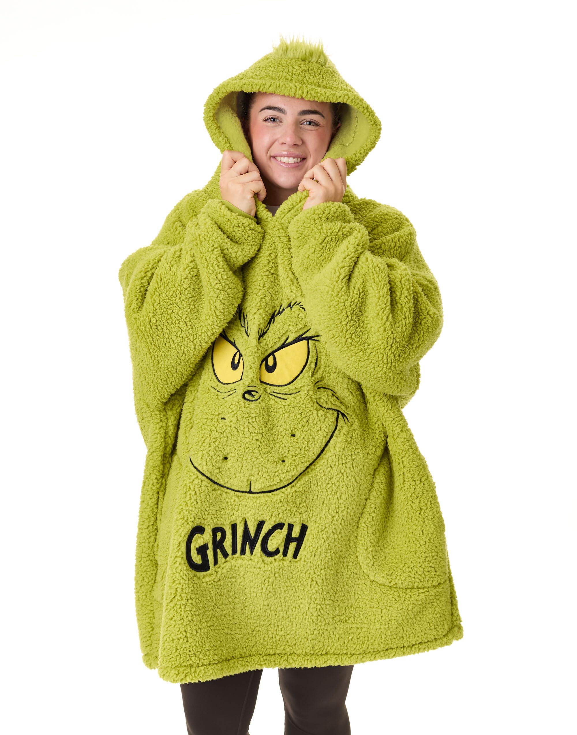 The Grinch Unisex Embroided Face Adults Oversized Wearable Blanket | Men & Womens Fleece Sherpa Fluffy Embroidered Christmas Hooded Pullover | Seasonal Heavyweight Hoodie Loungewear | Xmas Movie Merchandise Gift