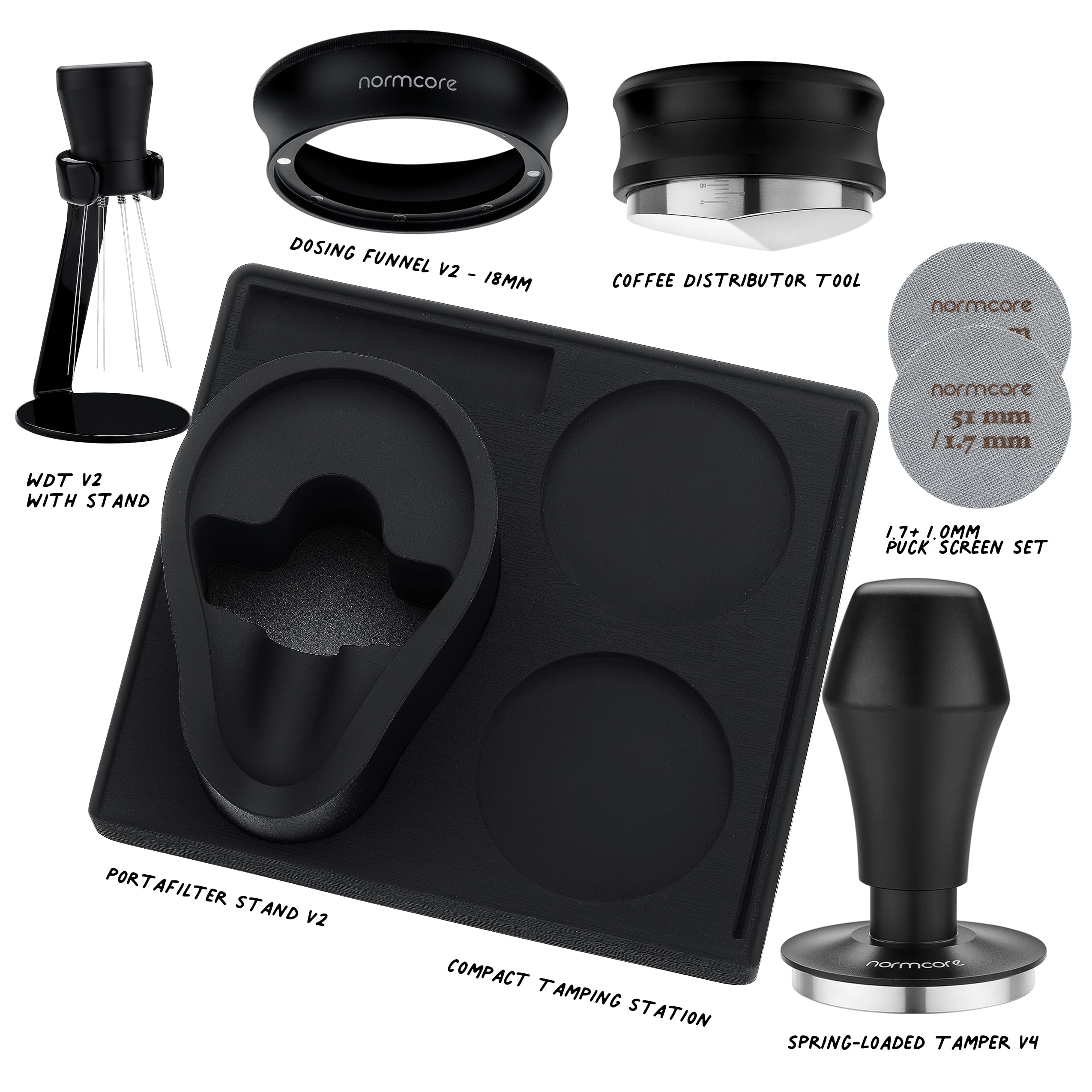 Normcore 51 mm 7-in-1 kompaktes Barista-Set: Kaffeestampfer, Verteilerwerkzeug, WDT, Dosiertrichter, Pucksieb, Stopfmatte, Siebträgerständer, Barista Essentials Kit für 51 mm Delonghi-Kaffeemaschinen