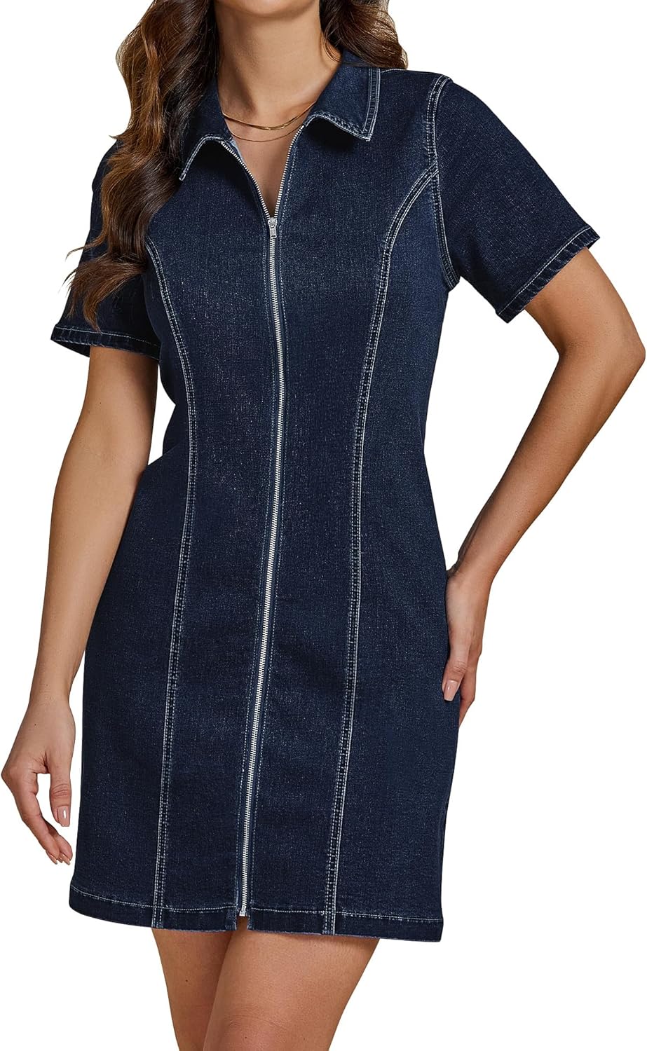 luvamia Denim Dresses for Women Summer Casual Zip Up Short Sleeve Western Short Stretchy Jean Dress with Pockets